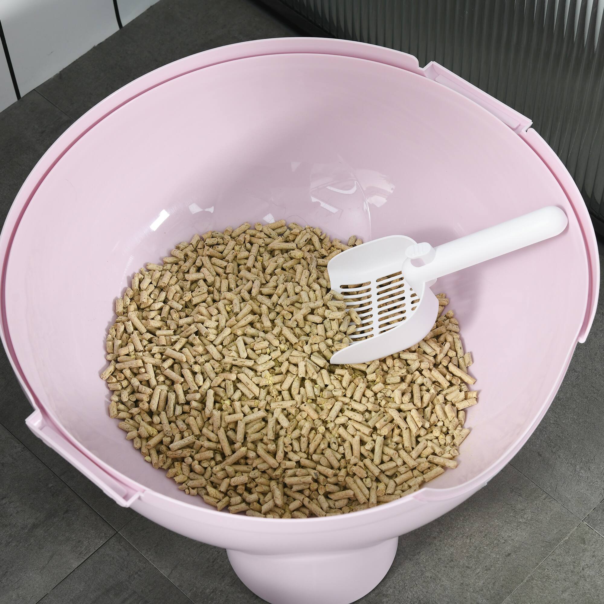 Alt View 4. Pawhut - Hooded Cat Litter Box, Large Kitty Litter Pan with Lid, Scoop, Leaking Sand Pedal, Top Handle - Pink.