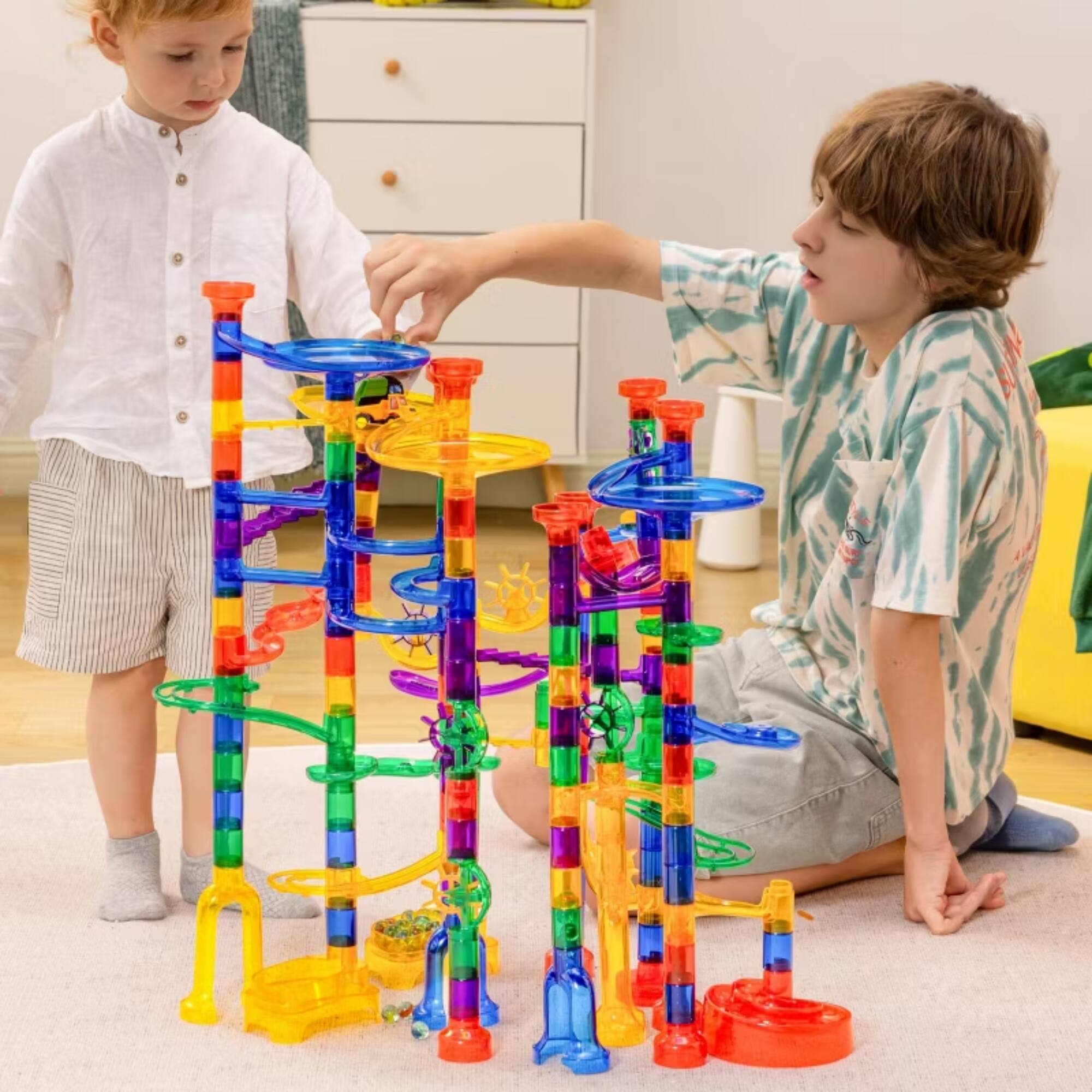 Alt View 2. Joyfy - 207Pcs Glowing Marble Run, Engineering & Building Blocks Toys with 5 Glow in The Dark Glass Marbles, Gift for Boys Girls - Multicolored.