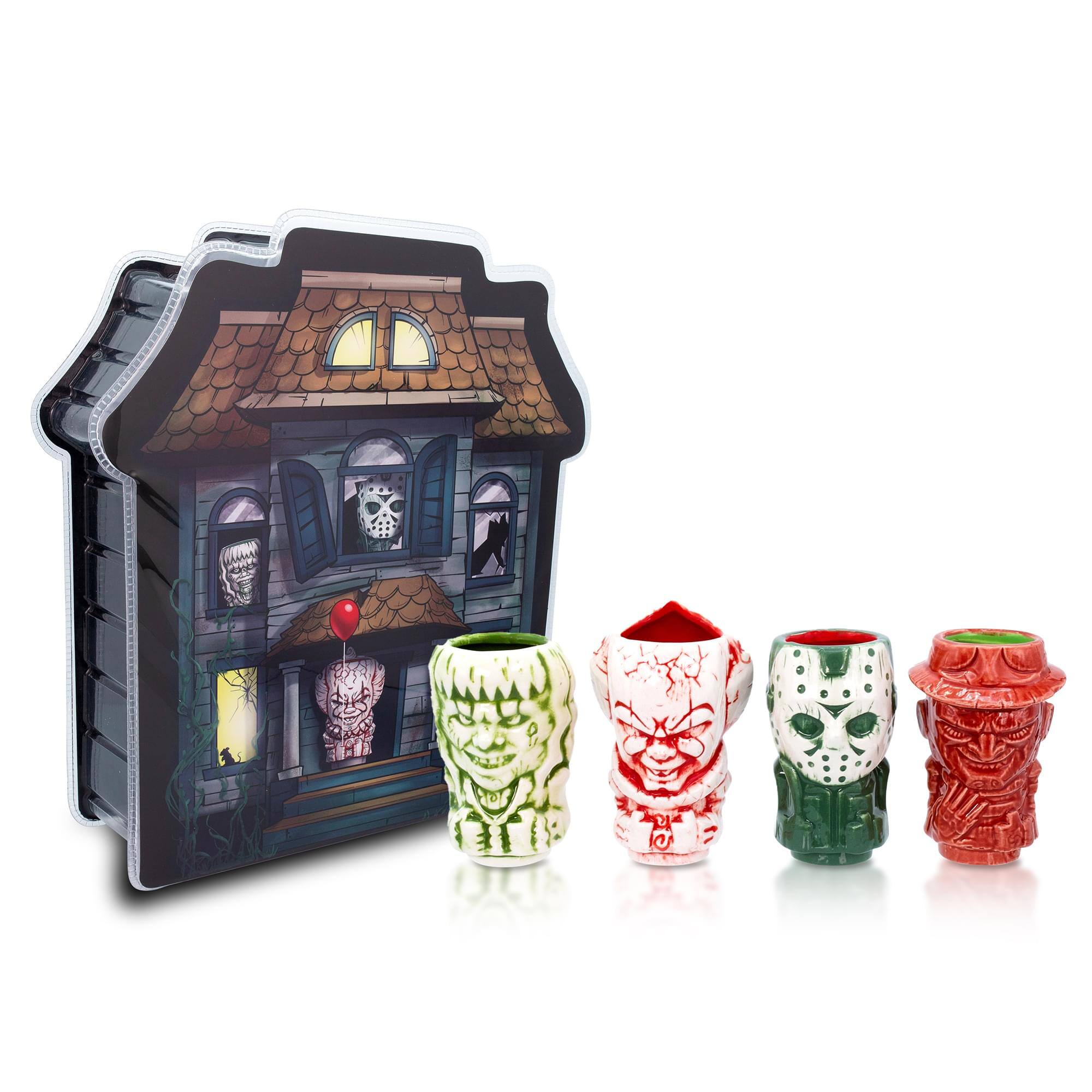 ThinkGeek - Geeki Tikis Horror Mini Muglets 4-Pack | Regan, Jason, Pennywise, Freddy - Gray