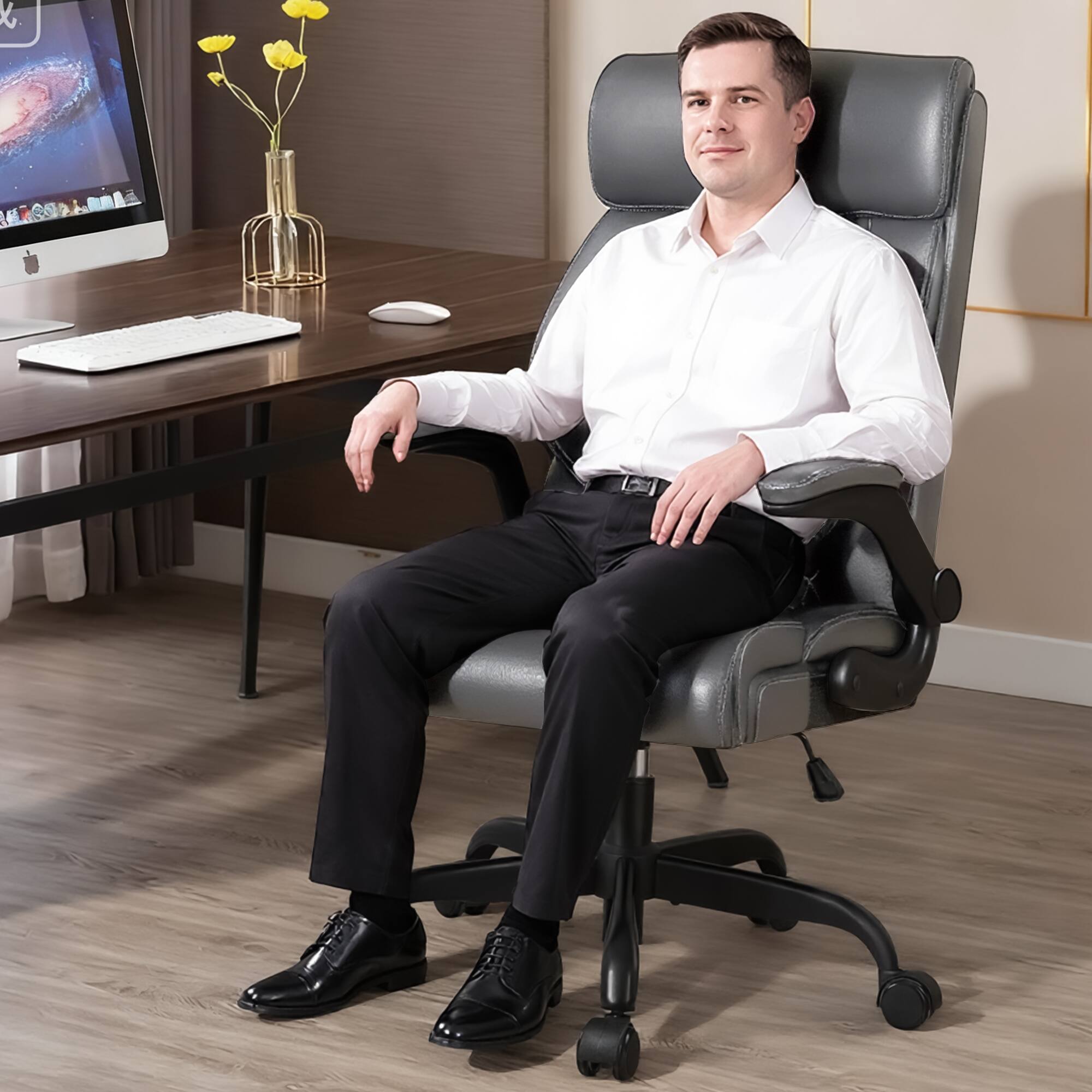 Alt View 6. Brick Attic - High-Back Executive Office Chair , Ergonomic Leather Chair with Adjustable Lumbar Support and Flip-Up Armrests - Grey.