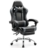 Bestier - Gaming Chair - PU Leather Fixed up Armrest Comfy Lumbar Support Ergonomic Arm Chair in With Double Arm & Footrest - Gray - Front_Zoom