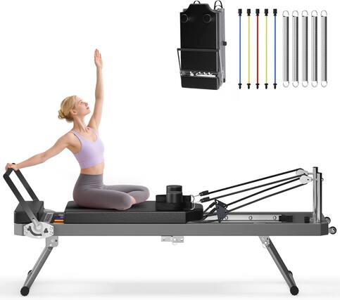 Front. KERDOM - Foldable Pilates Reformer with Springs & Resistance, Adjustable Pilates Bed Full Body Core Strength for Home Gym Workout - Black - 77" Wide.