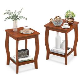 Gymax - 2-Tier Square End Table Set of 2 Narrow Sofa Side Nightstand w/ Storage Shelf - Walnut