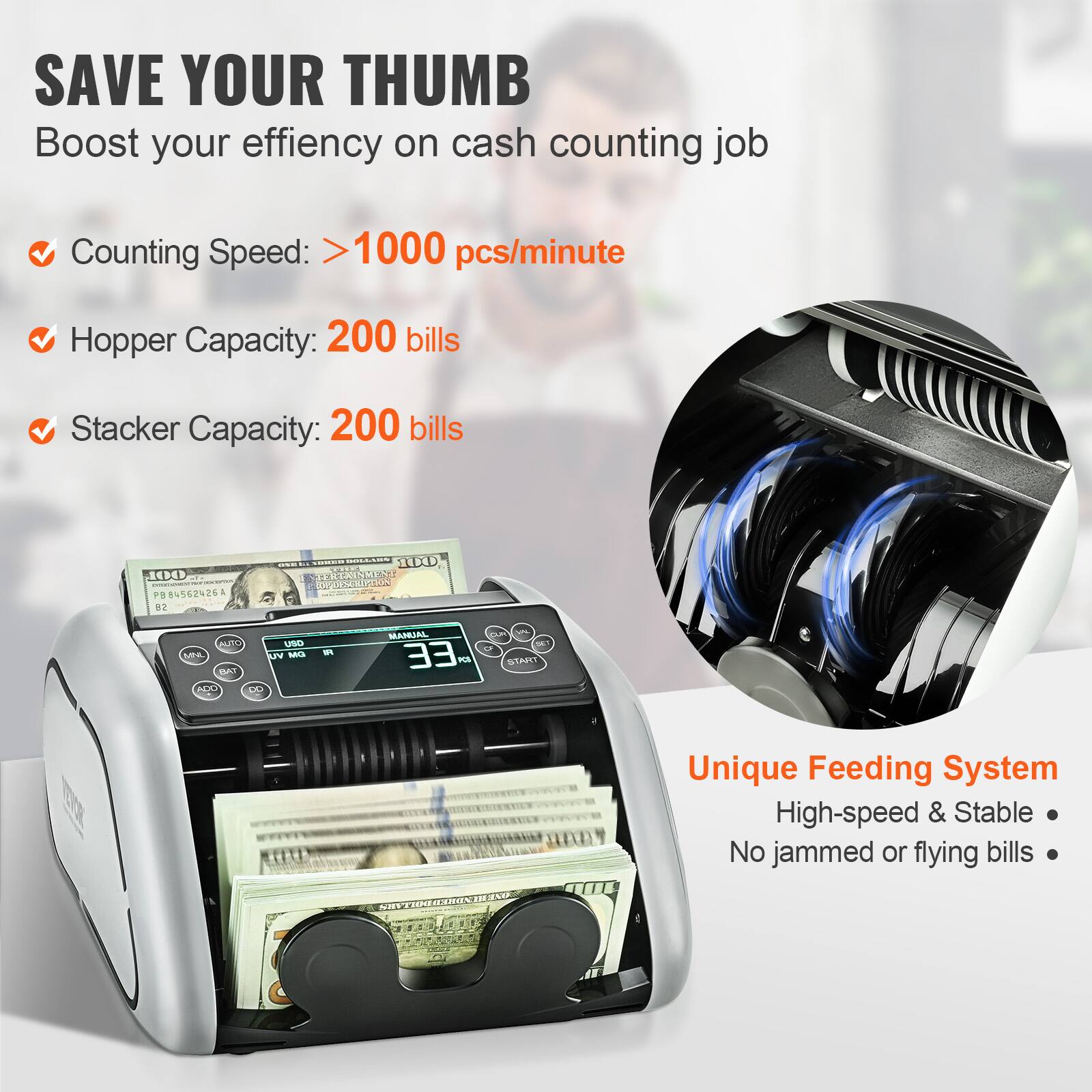 SAVE YOUR THUMB  
Boost your efficiency on cash counting job  

- Counting Speed: >1000 pcs/minute  
- Hopper Capacity: 200 bills  
- Stacker Capacity: 200 bills  

Unique Feeding System  
High-speed & Stable  
No jammed or flying bills  

104D P 085624261 82 CONE- CC-C 3RD ORIALNR DCEON LTO USD ML U MO BAT NO DD 9 MASMIAL an - -EE STARO  

10 BA