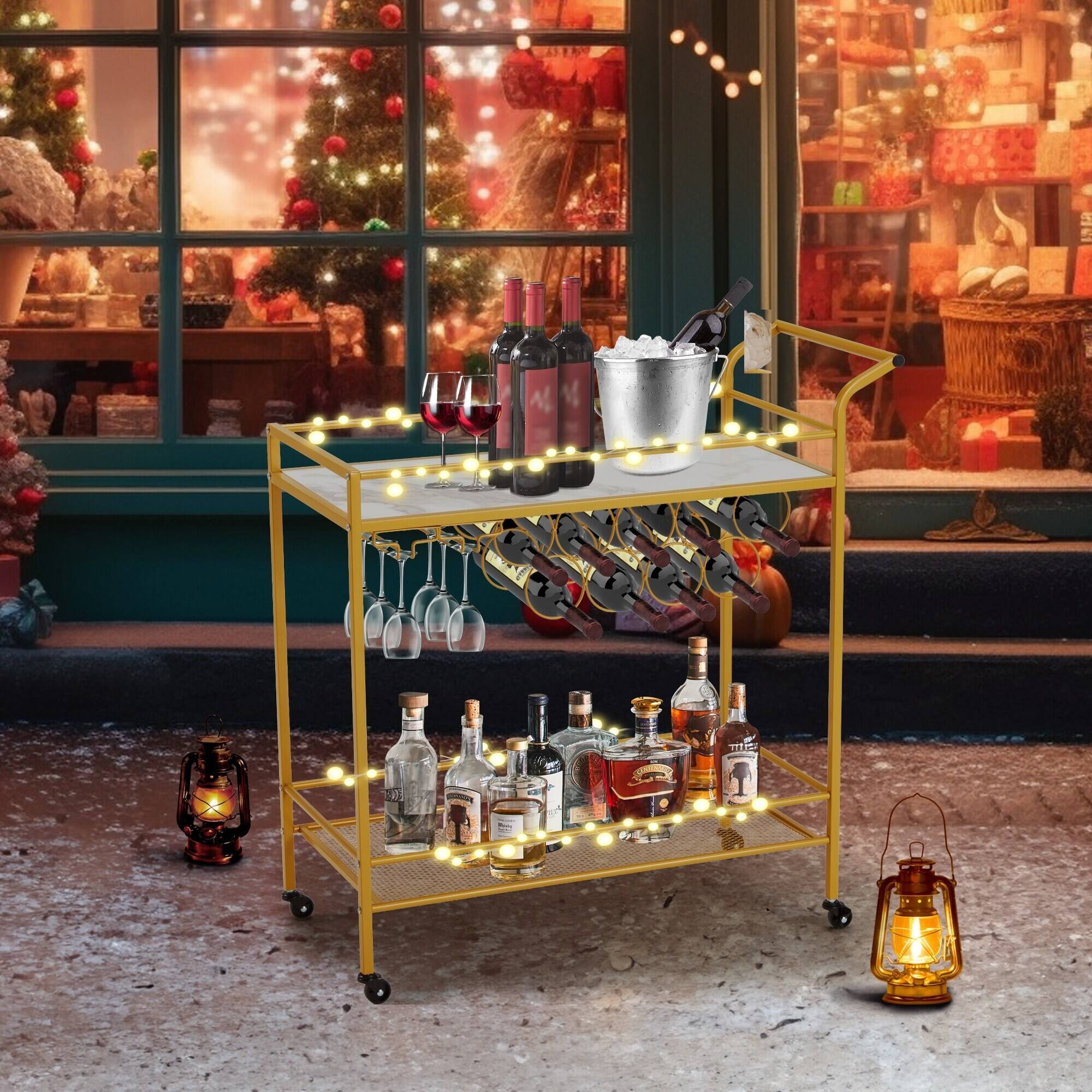 Alt View 5. U-HOMY - Modern Gold Bar Cart with Wheels, Hollow-Base Rolling Liquor Cart with Wine Rack & Glass Holder, 31.5" Wide - Gold.