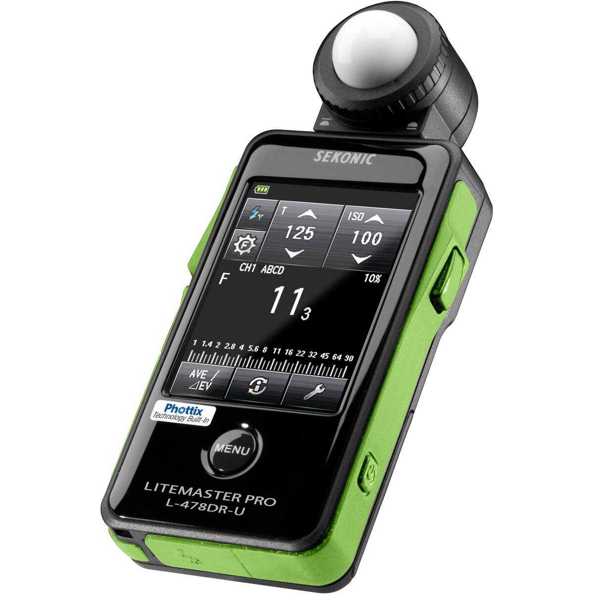 SEKONIC  
I F T 125 ISO 100  
CH1 ABCD  
F 11  
3  
1.4 2 2.8 4 5.6 8 11 16 22 32 45 64 90  
AVE / ZEV  
Phottix Technology Built-In  
MENU  
LITEMASTER PRO L-478DR-U