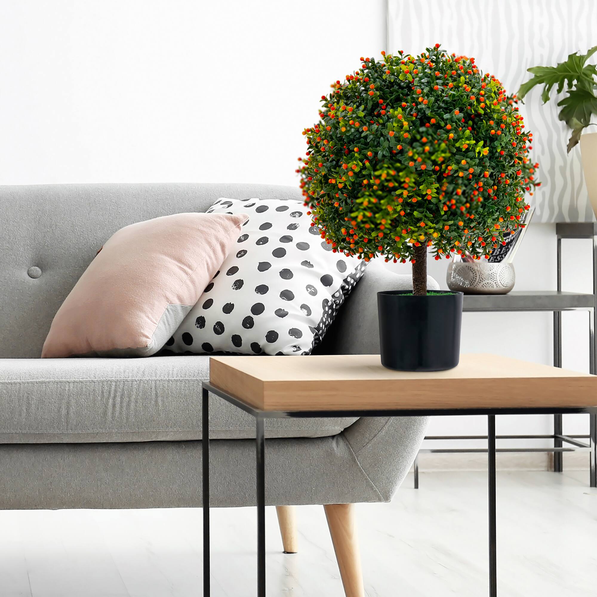 Alt View 8. Costway - Costway 22" Artificial Boxwood Topiary Ball Tree 2-Pack Faux Potted Plant w/Orange Fruit - Green,Orange,Black.