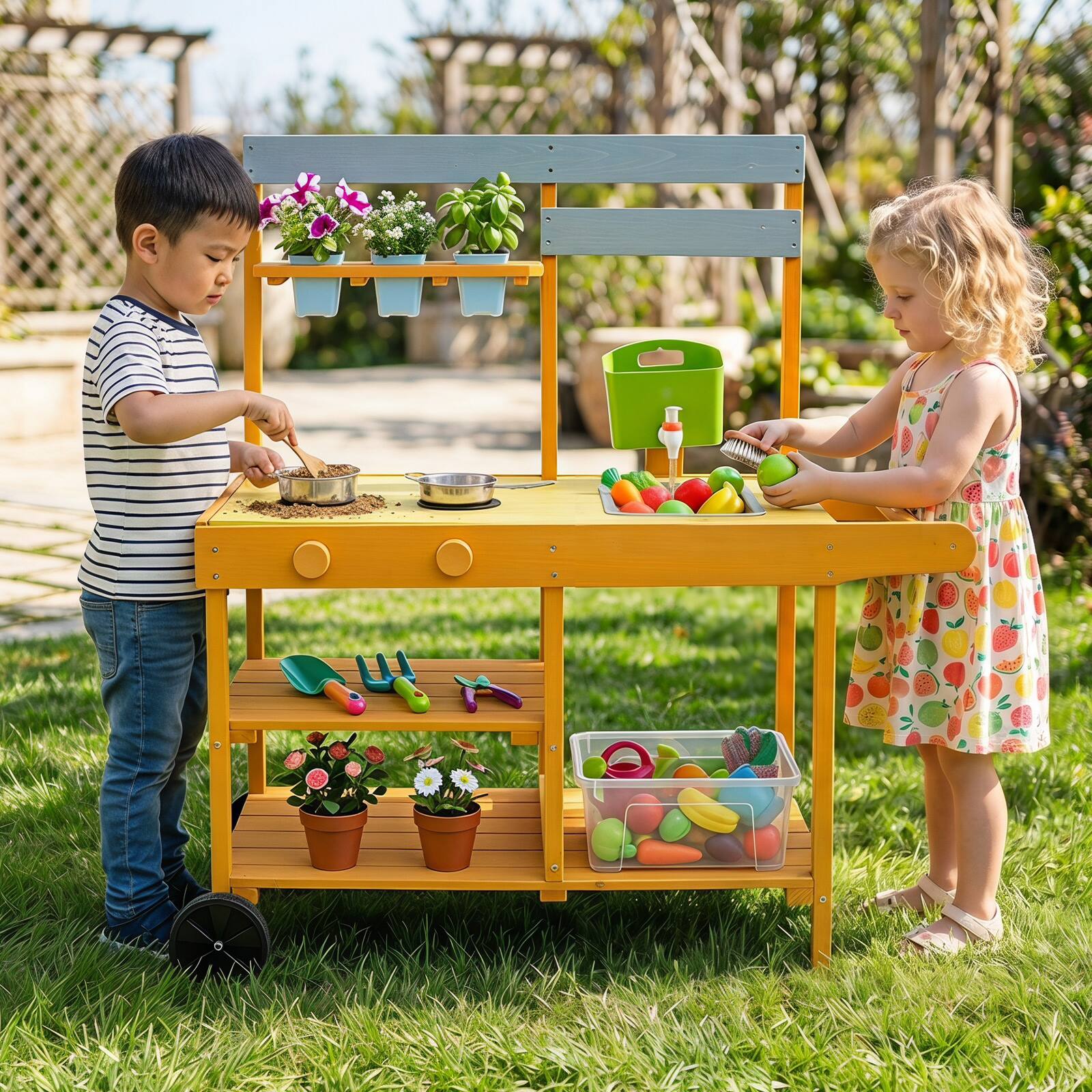 Alt View 1. Costway - Costway Mud Kitchen for Kids, Wooden Outdoor Play Kitchen with Flowerpots, Sink, Water Tank - Yellow.