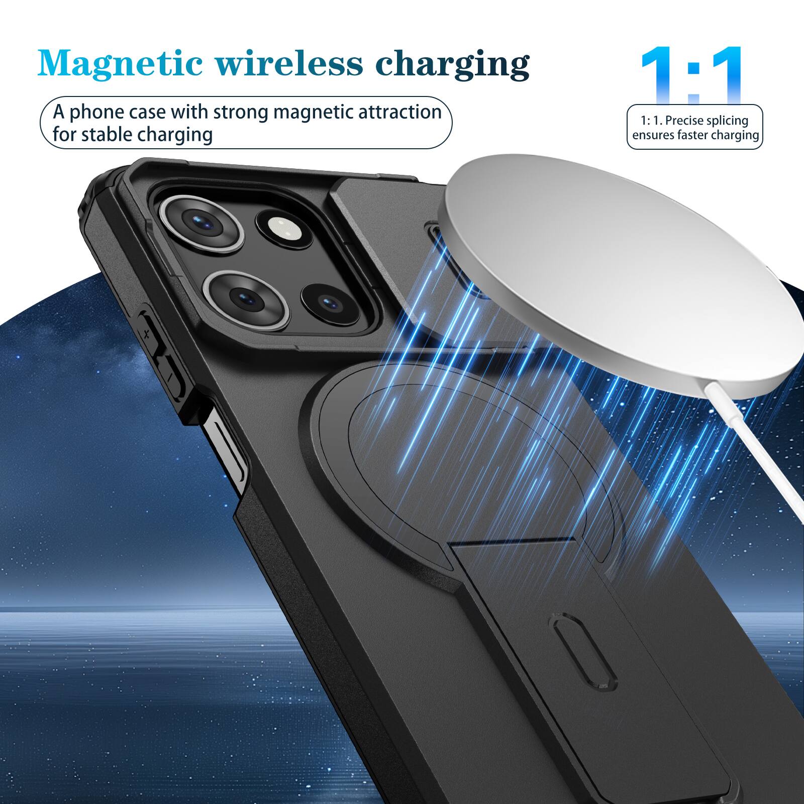 Magnetic wireless charging

A phone case with strong magnetic attraction for stable charging

1:1

1:1. Precise splicing ensures faster charging