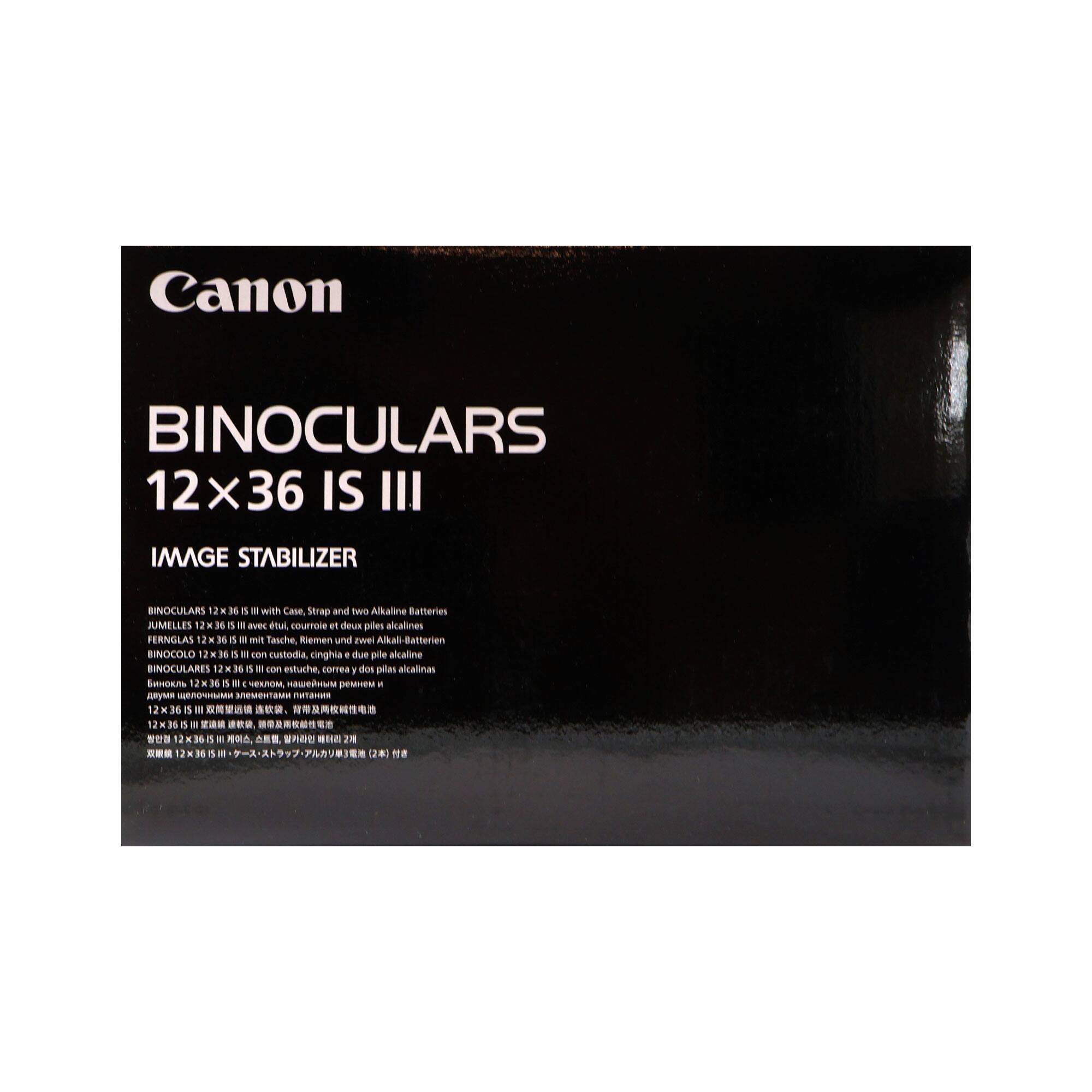 Canon BINOCULARS 12x36 IS III IMAGE STABILIZER BINOCULARS 236 r 8 with Cas Strap and two Alkaline Batteries JUMELLES 1236 16 n . avec eul courrore et deus oies akcalines FERNGLAS 12x 16  . mit Tasche, Kiemen und Twei Alkal Batterien BINOCOLO HL n D caam custodia cinghia + due pile alcaline BINOCULARES 1x36 16 r . con estuche correa I dos plas alcalinas  12M 3 r .    p . A   matarns 12K36 5 .    12K360 36 8 .    12 ,    2  2) 1