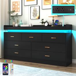 Espafurni - 7 - Drawer Dresser with LED Light & Charging Station - Modern Chest for Bedroom, Living Room, Entryway & Hallway - Black