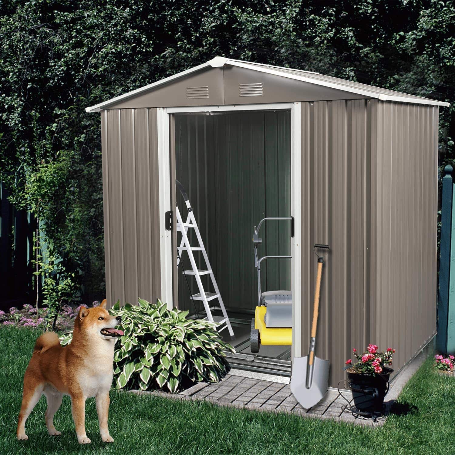 MOOSOO - 6X5ft Grey Metal Storage Shed with Lockable Sliding Doors, Outdoor Garden Shed with Vents, Hooks & Steel Base - Brown