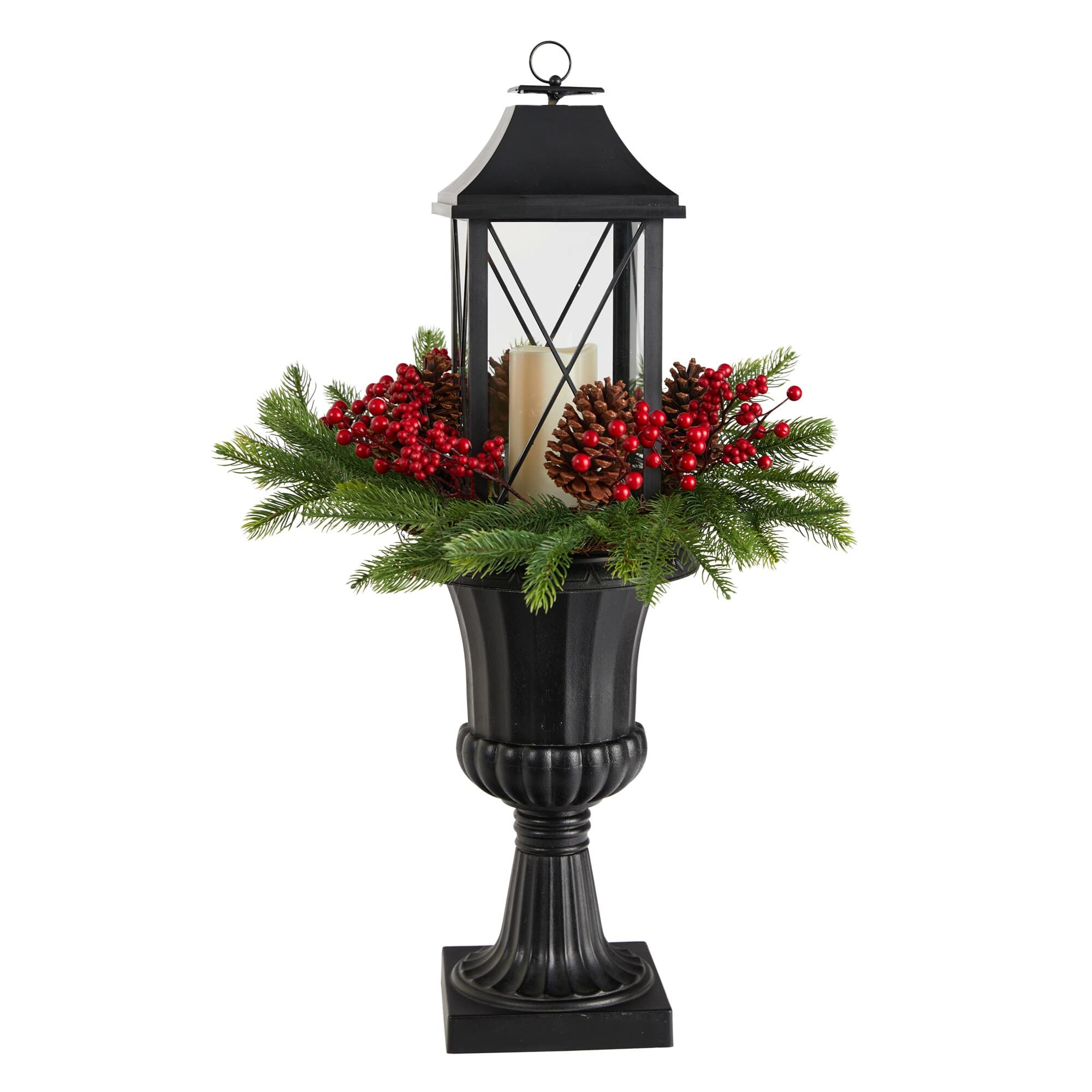 BreeBe - 33” Christmas Lantern with Berry and Pinecones in Urn - Black
