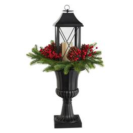 BreeBe - 33” Christmas Lantern with Berry and Pinecones in Urn - Black