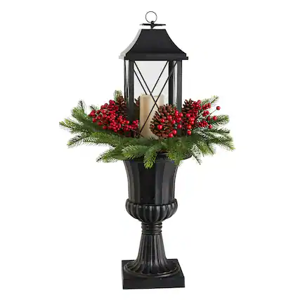 Front. BreeBe - 33” Christmas Lantern with Berry and Pinecones in Urn - Black.