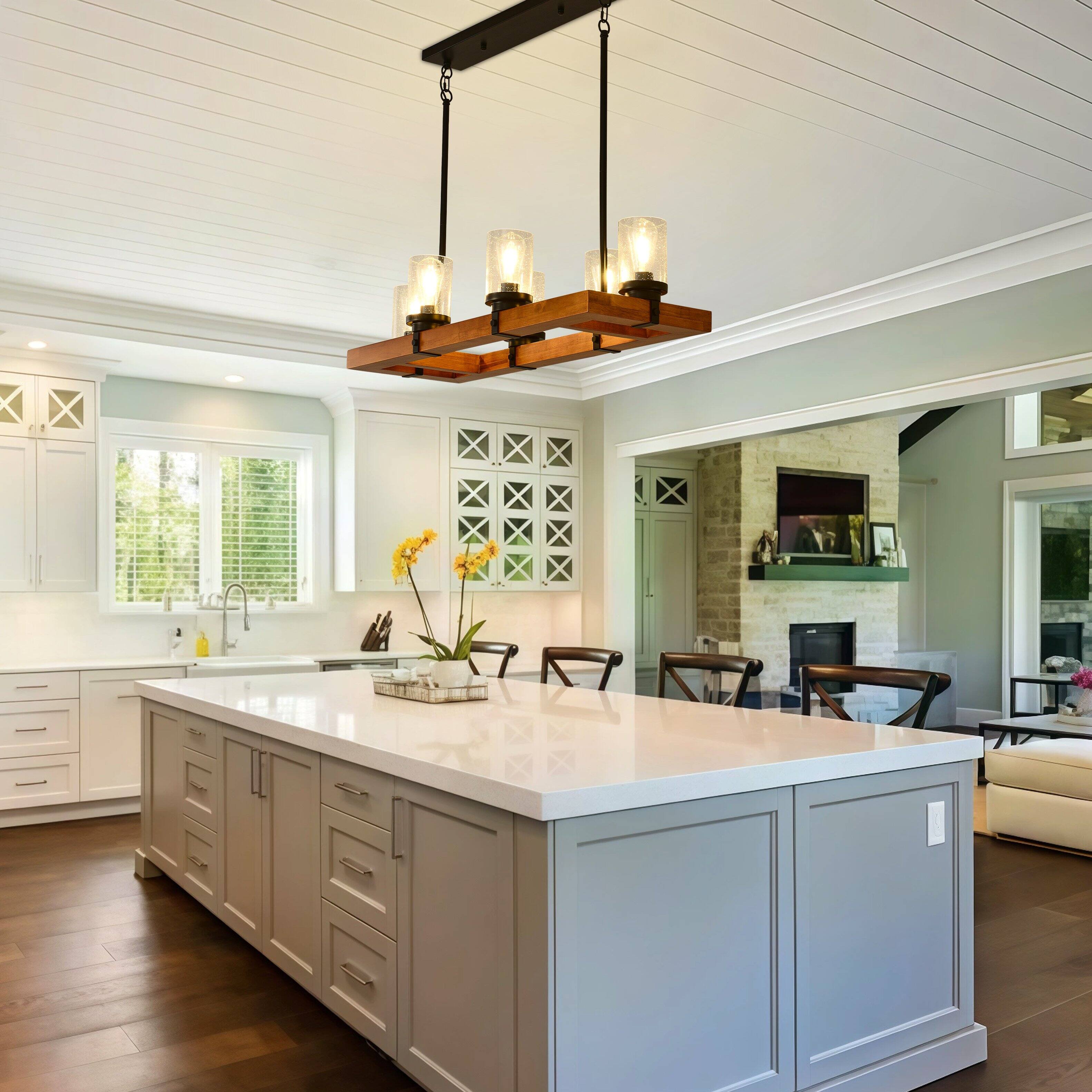 Angle. RYHNUYNE - 6-Light Farmhouse Wood Chandelier with Seeded Glass Shades - Rustic Rectangular Pendant Light for Dining Room Kitchen - Black.