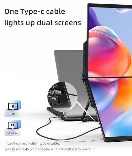 One Type-c cable lights up dual screens

Mac
Windows

If can't connect with 1 type-c cable, please use a 45 watt adapter with PD protocol to power it.