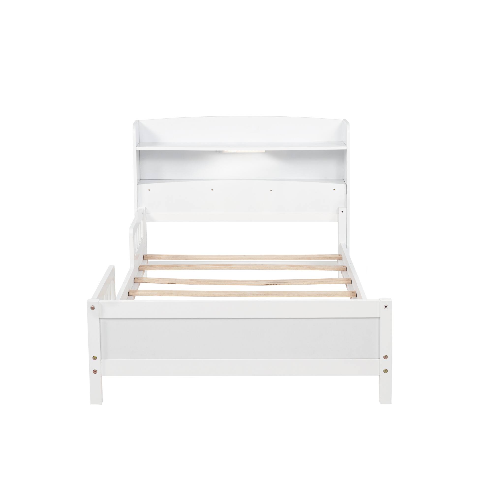 Left. GOODSILO - Twin Bed with Integrated Bookshelf Headboard and Motion Sensor LED Lighting System for Enhanced Bedroom Functionality - White.