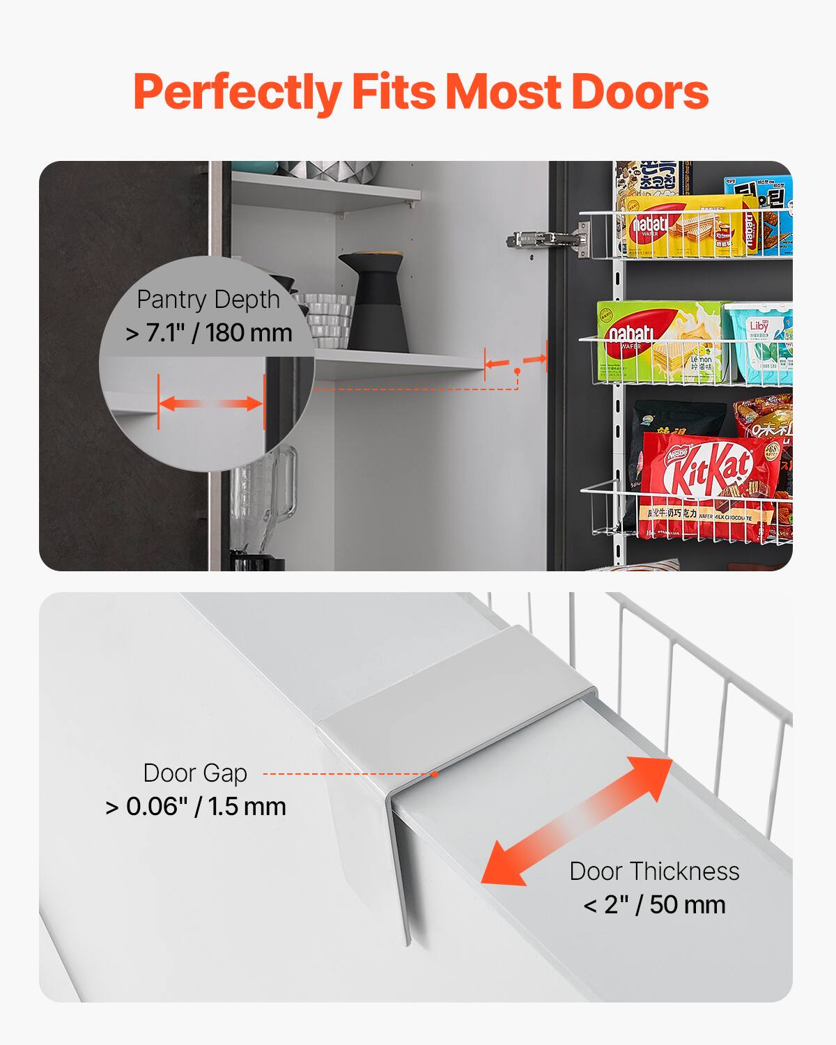 Perfectly Fits Most Doors

Pantry Depth > 7.1" / 180 mm

Door Gap > 0.06" / 1.5 mm

Door Thickness < 2" / 50 mm