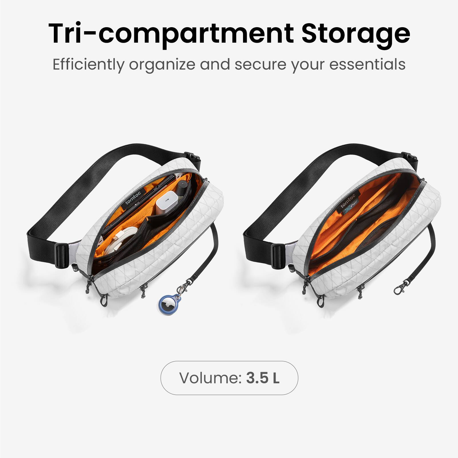 Tri-compartment Storage  
Efficiently organize and secure your essentials  

Volume: 3.5 L