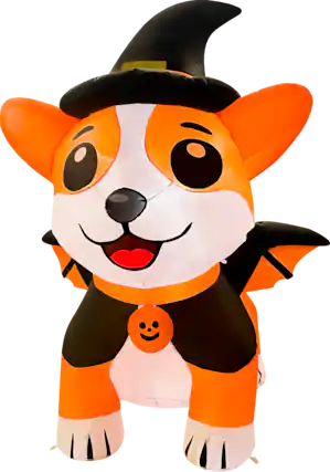 Front. GOOSH Inflatables - GOOSH 5.2FT Inflatable Halloween Dog with Witch Hat and Cape – Light-Up Yard Decoration - Orange.