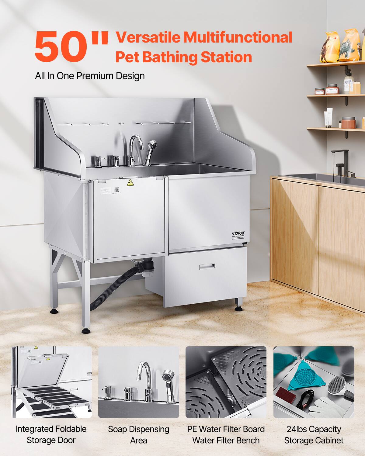 50" Versatile Multifunctional Pet Bathing Station  
All In One Premium Design  

Integrated Foldable Storage Door  
Soap Dispensing Area  
PE Water Filter Board  
Water Filter Bench  
24lbs Capacity Storage Cabinet