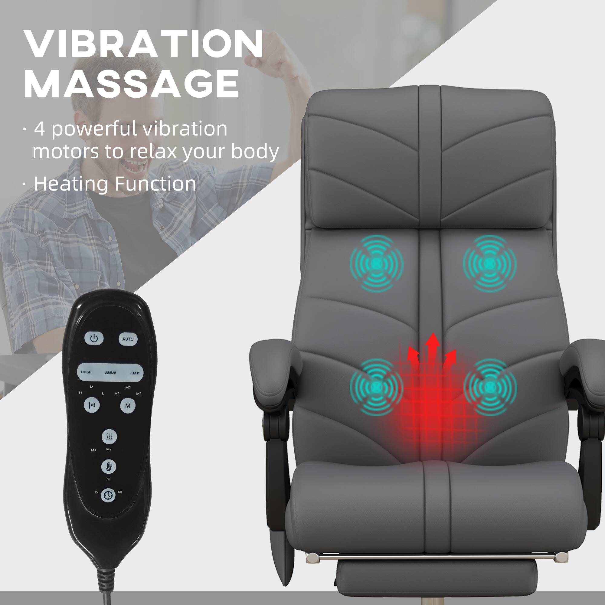 VIBRATION MASSAGE
4 powerful vibration motors to relax your body
Heating Function
AUTO
M1 M2 M3 M4