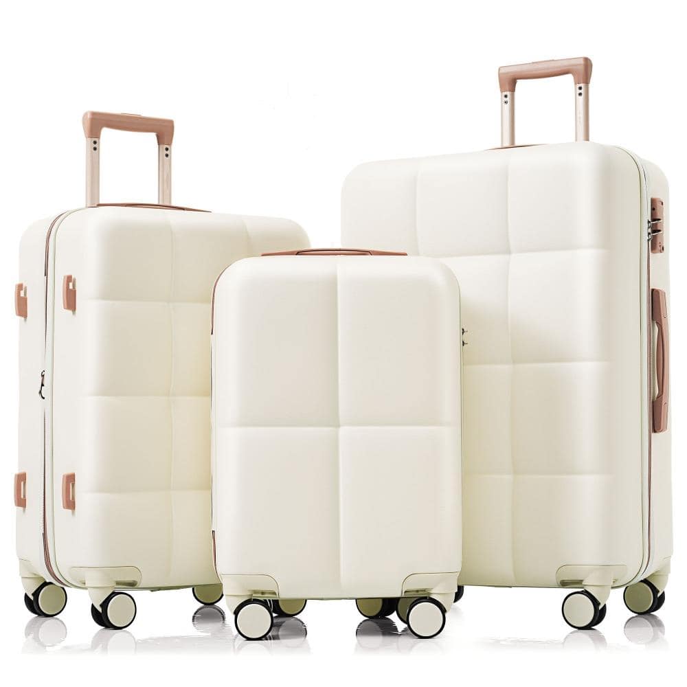 BreeBe - Luggage Set of 3, Airline Certified Carry-on Luggage with Cup Holder, ABS Hard Shell Luggage with Spinner Wheels - White+Gold