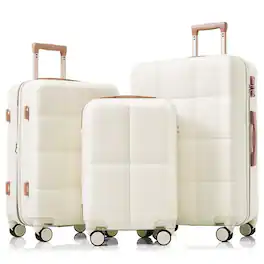 BreeBe - Luggage Set of 3, Airline Certified Carry-on Luggage with Cup Holder, ABS Hard Shell Luggage with Spinner Wheels - White+Gold