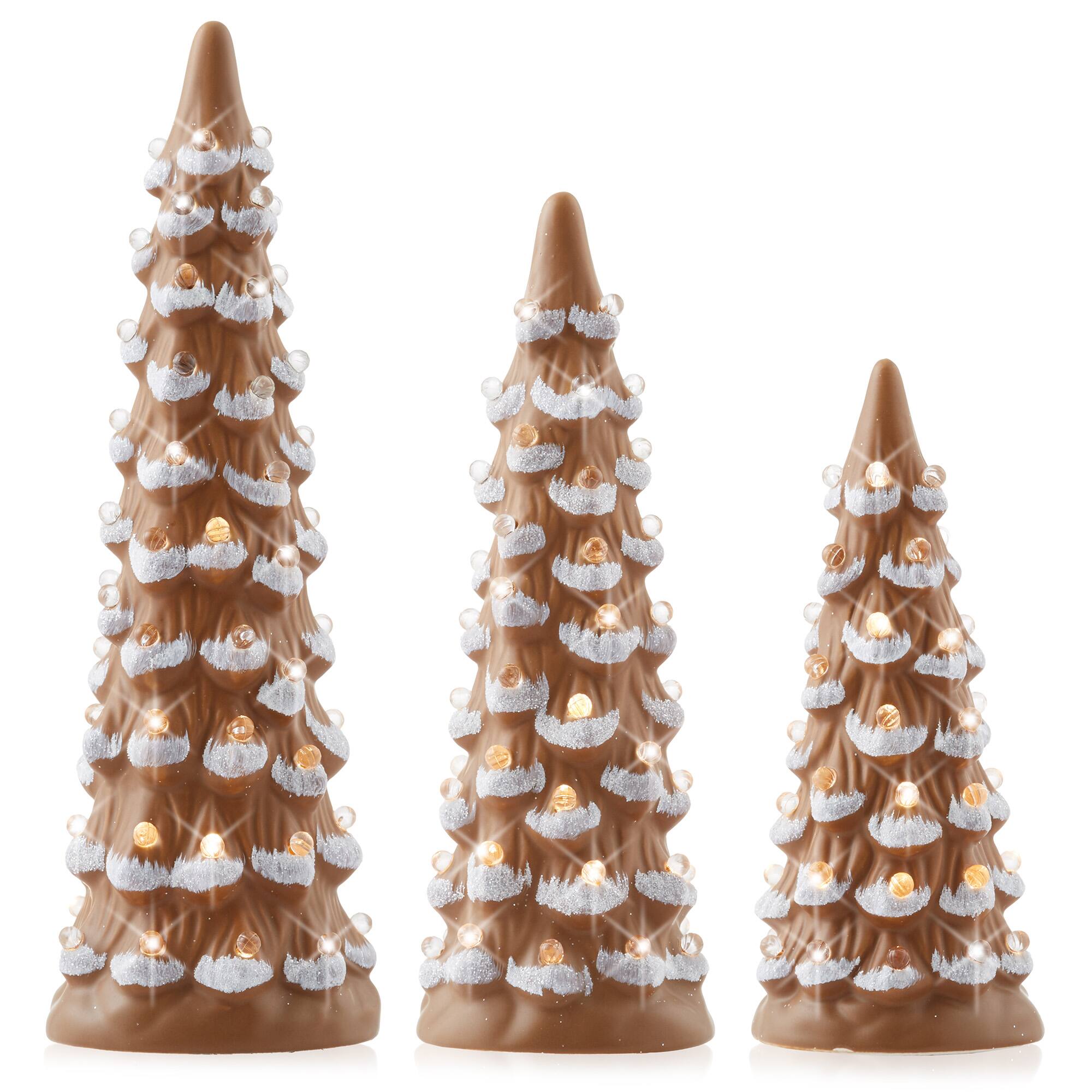 Alt View 2. Casafield - 3PC Set 8/10/12-in Pre-Lit Ceramic Christmas Trees with Lights - Brown.