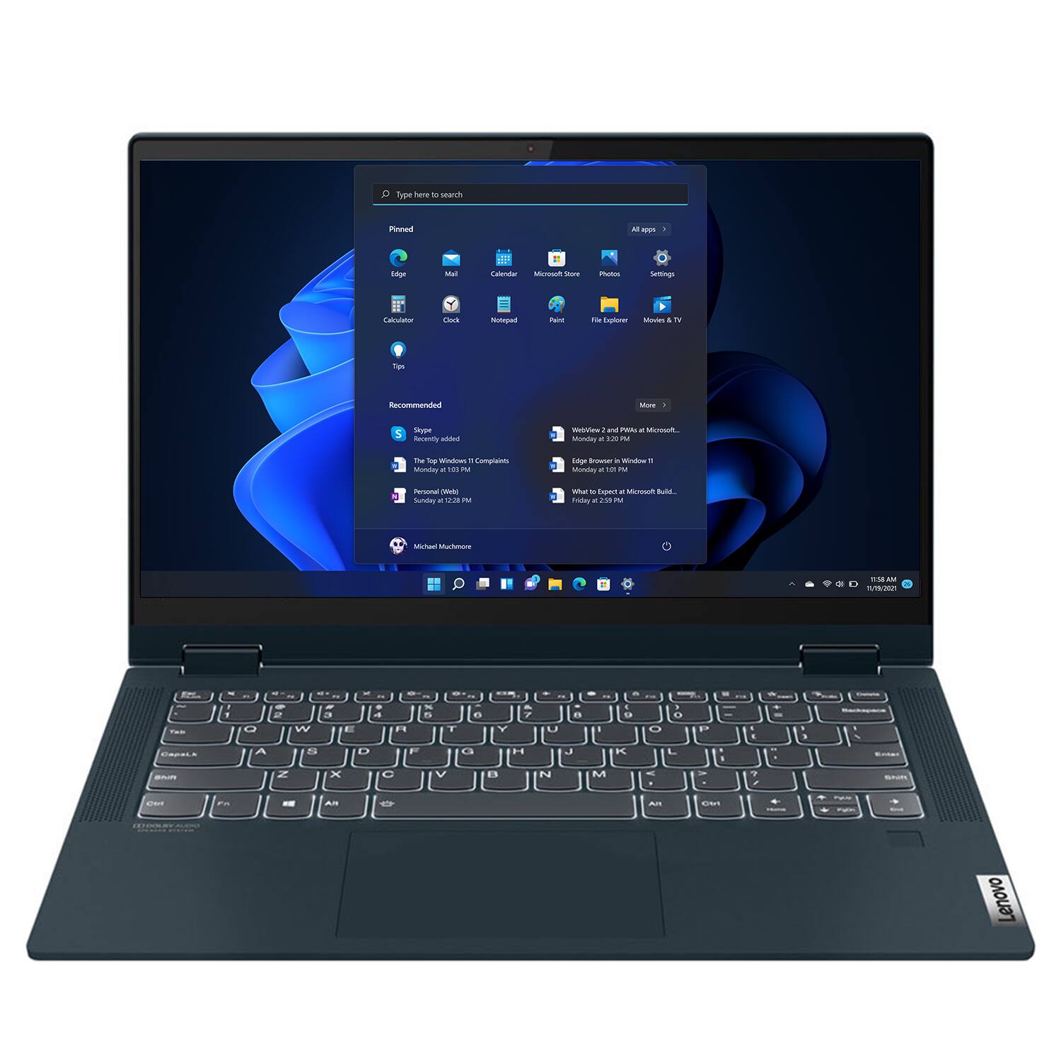 Sure, here is the corrected text:

---

Type here to search

Pinned
- Edge
- Mail
- Calendar
- Calculator
- Clock
- Notepad
- Tips

Recommended
- Skype
- The Top 10 Windows 11 Complaints
- Personal Video
- Sunday at 11:28 PM

All apps
- Microsoft Store
- Photos
- Settings
- Paint
- File Explorer
- Movies & TV
- Windows 11 and 2-in-1: PAW at Microsoft.
- Edge Browser in Windows 11
- What to Expect at Microsoft Build.
- Friday at 2:29 PM

Michael Mckhorne

---

This text is grouped and corrected based on the image.