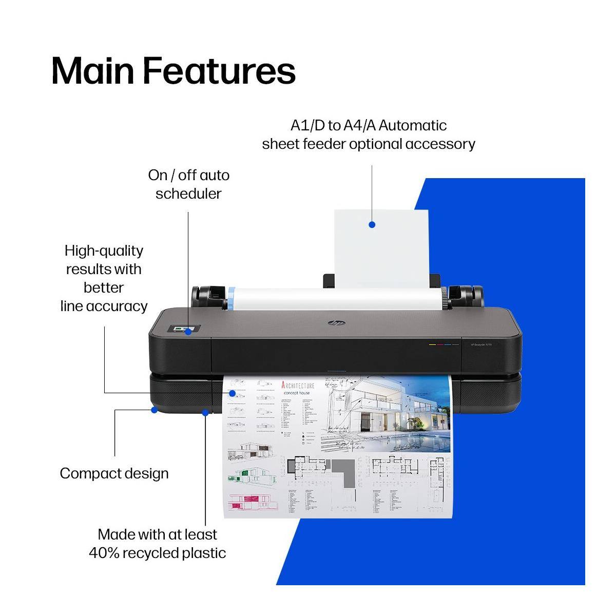 Main Features

- A1/D to A4/A Automatic sheet feeder optional accessory
- On / off auto scheduler
- High-quality results with better line accuracy
- Compact design
- Made with at least 40% recycled plastic