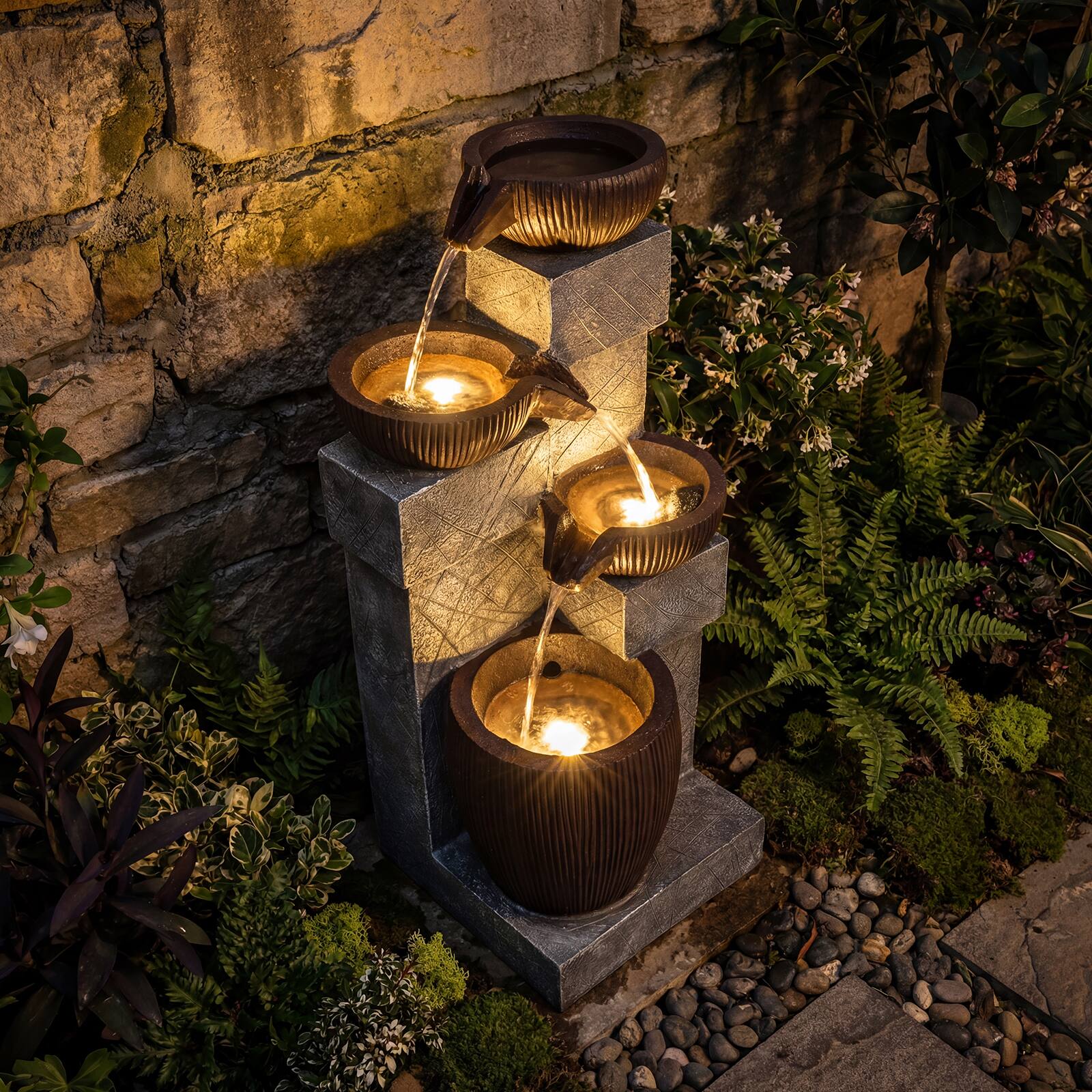 Alt View 4. Costway - Costway 32" 4-Tier Outdoor Water Fountain with LED Lights for Patio Deck Backyard Balcony - Gray + Brown.