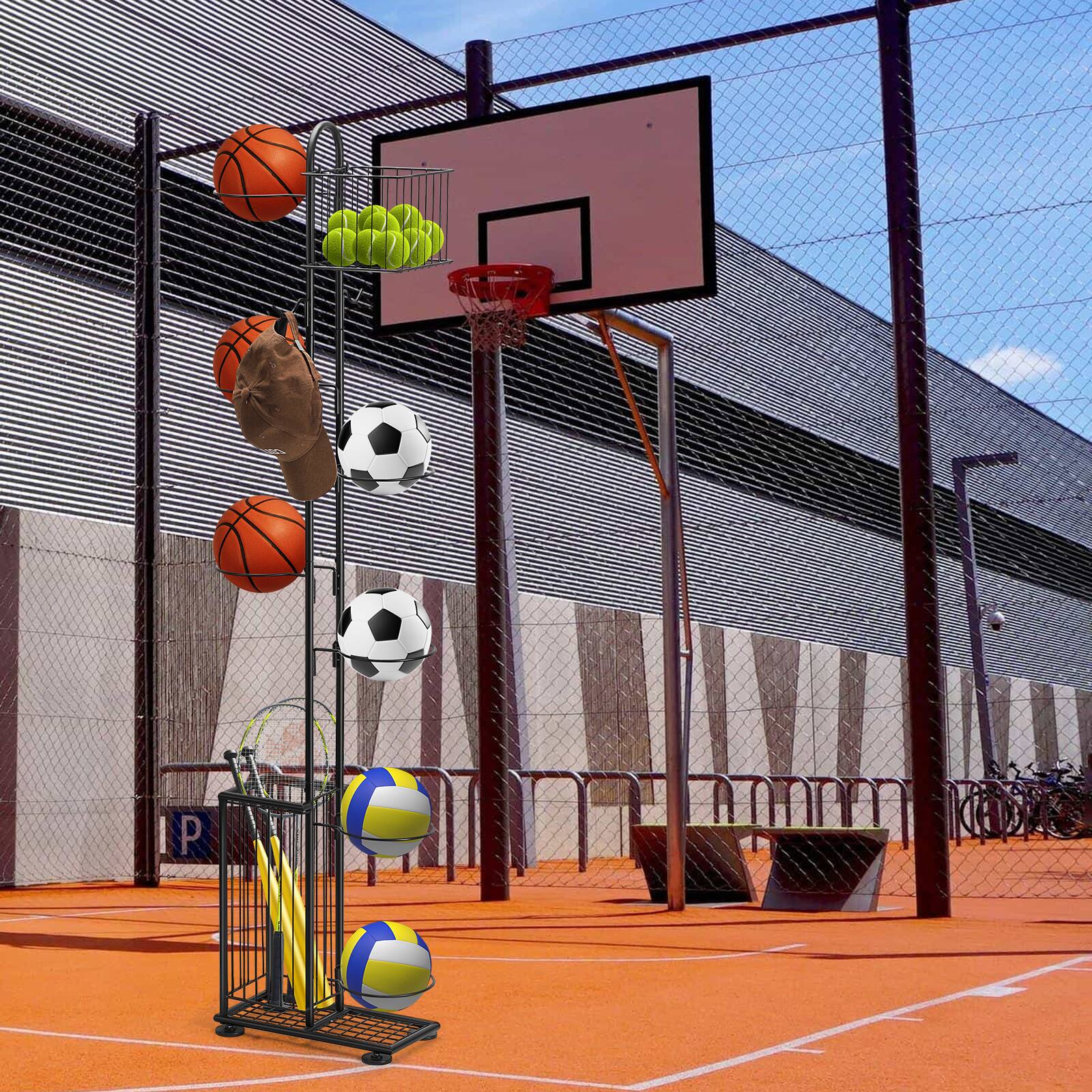 Alt View 1. Oumilen - Vertical Multi-Ring Sports Ball Storage Rack with Mesh Baskets & Detachable Hooks - Black.