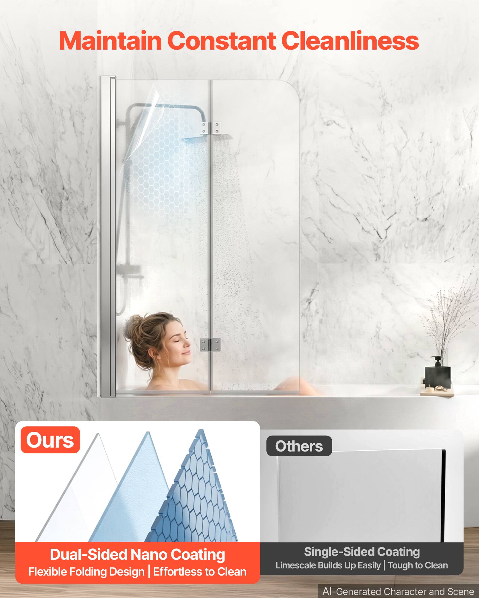 Maintain Constant Cleanliness

Ours
Dual-Sided Nano Coating
Flexible Folding Design | Effortless to Clean

Others
Single-Sided Coating
Limescale Builds Up Easily | Tough to Clean

AI-Generated Character and Scene