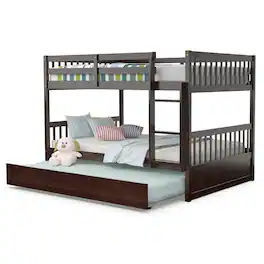 Costway - Full over Full Bunk Bed Platform Wood Bed w/ Trundle & Ladder Rail - Brown