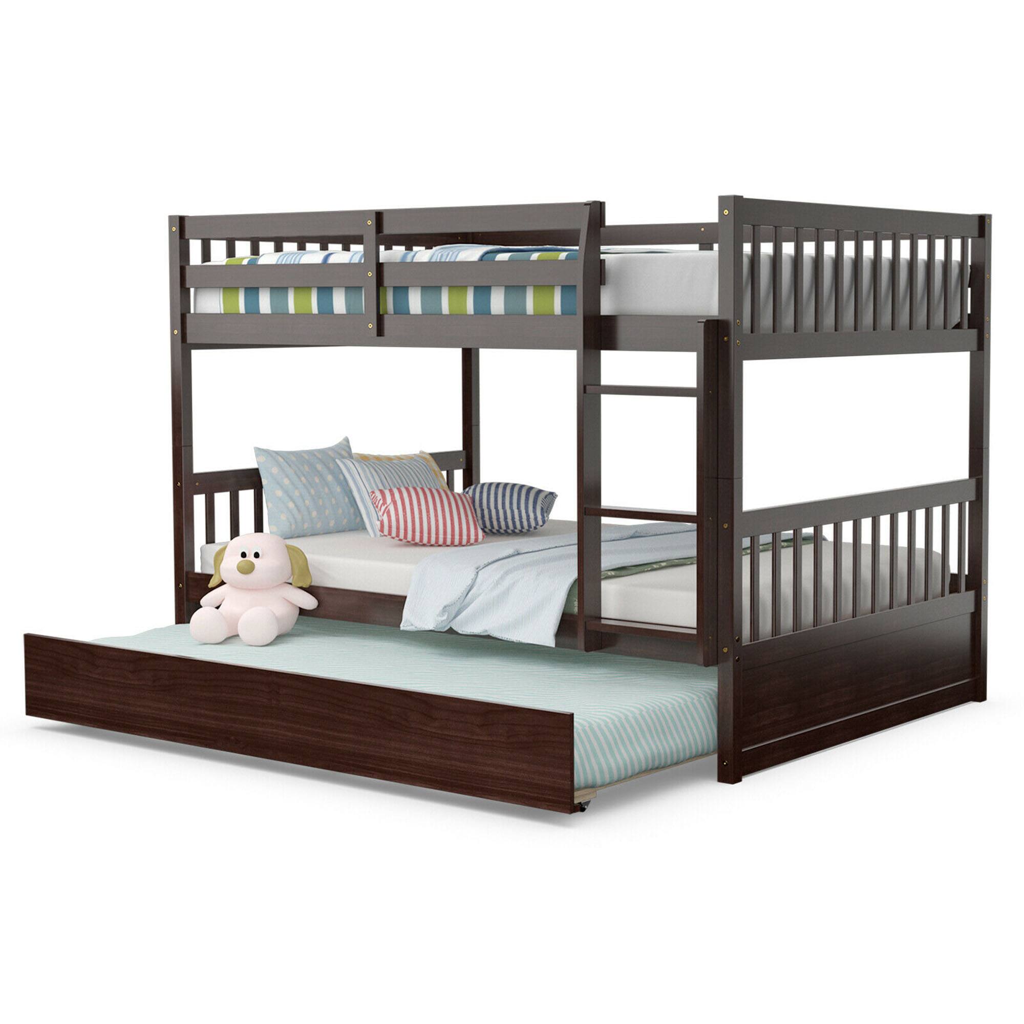 Costway - Full over Full Bunk Bed Platform Wood Bed w/ Trundle & Ladder Rail - Brown