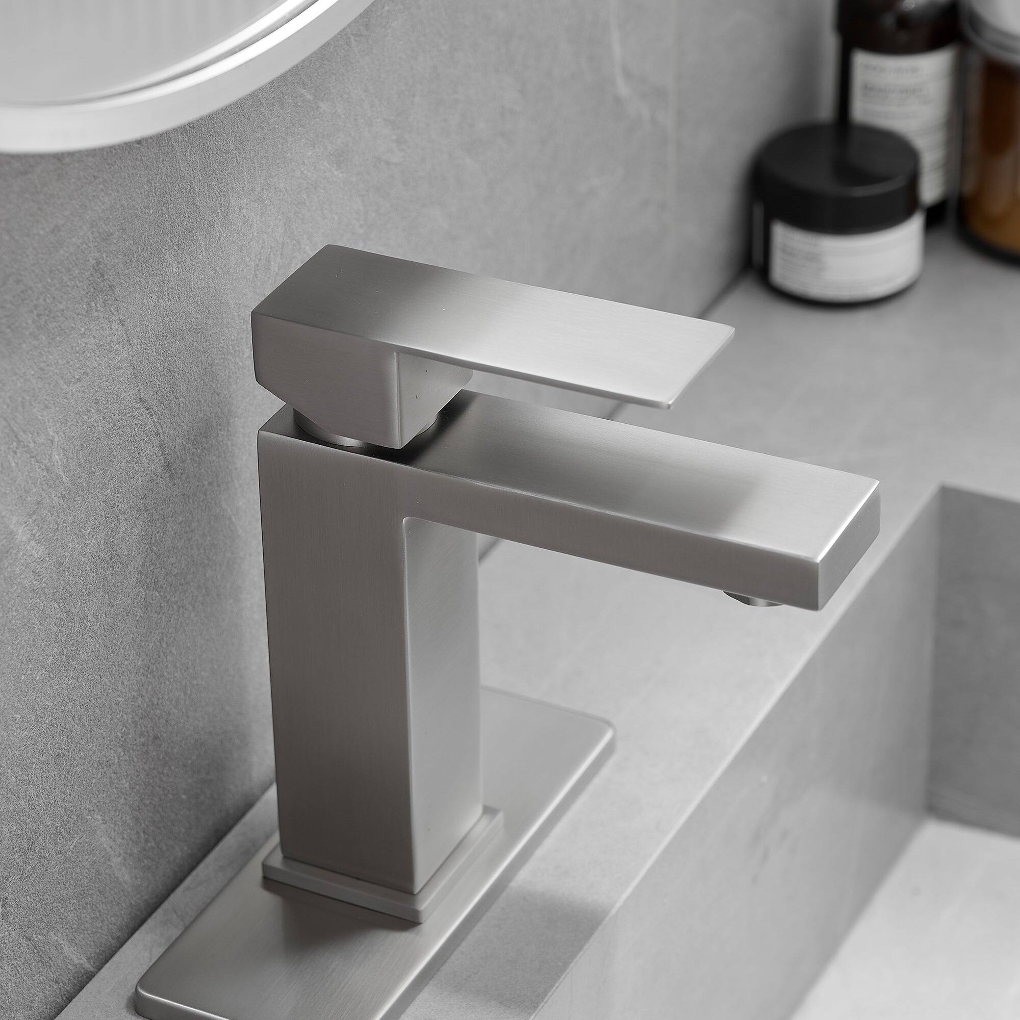 Back. Boyel Living - Single Handle Single Hole Bathroom Faucet Brushed Nickel with Deck Plate Pop Up Drain and Water Supply Hoses - Brushed Nickel.