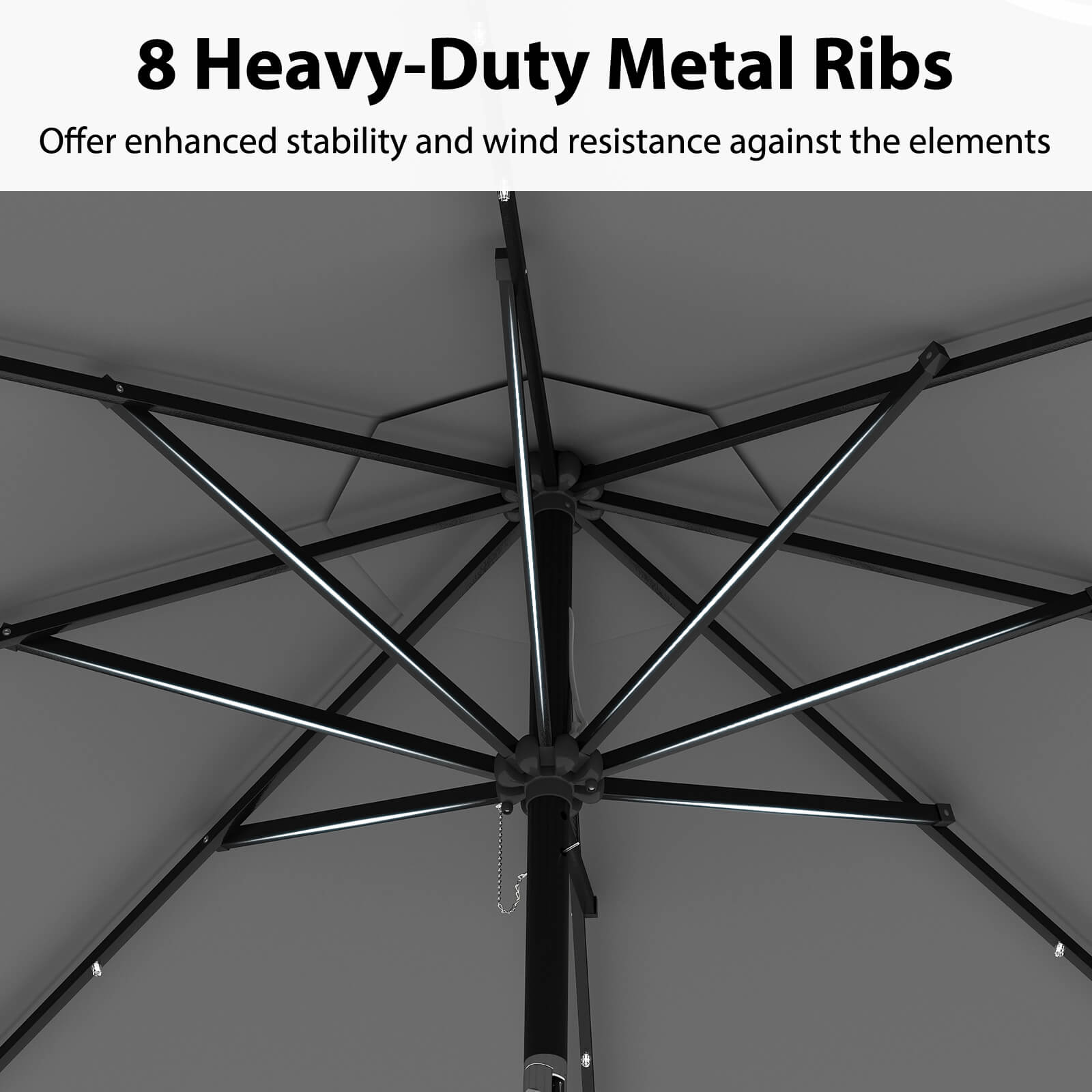 8 Heavy-Duty Metal Ribs Offer enhanced stability and wind resistance against the elements.