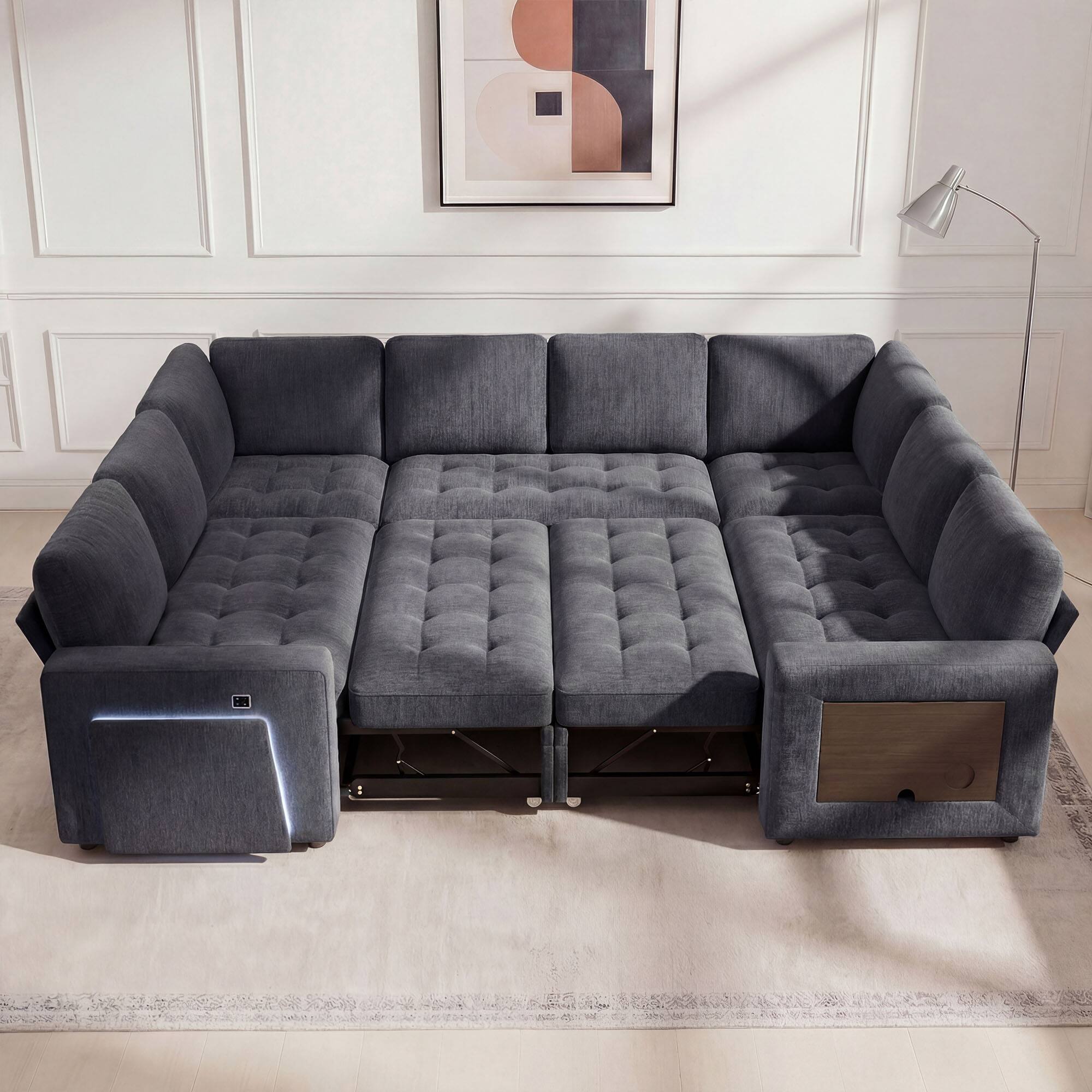 Dyonery - Dyoney 102-inch, large combination U-shaped sofa, with pull-out bed/reclining backrest/table/storage, tool-free assembly - Gray