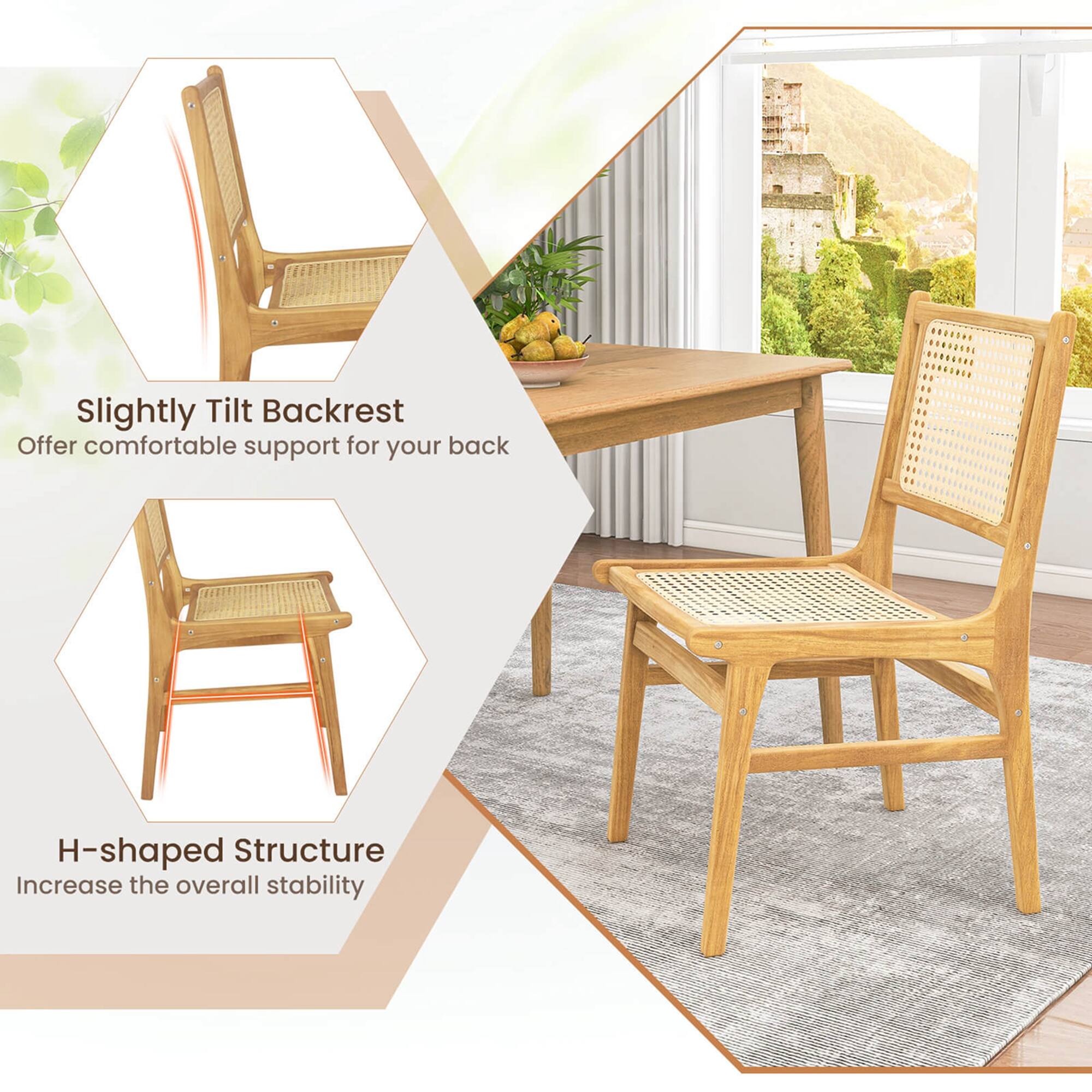The text on the image suggests that the chair has a slightly tilted backrest, which provides comfort and support for the user's back. The chair also features an H-shaped structure, which increases its overall stability.