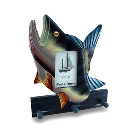 Zeckos - Colorful Wooden Bass Shaped Decorative Hanging Photo Frame and Wall Hooks - Multicolored