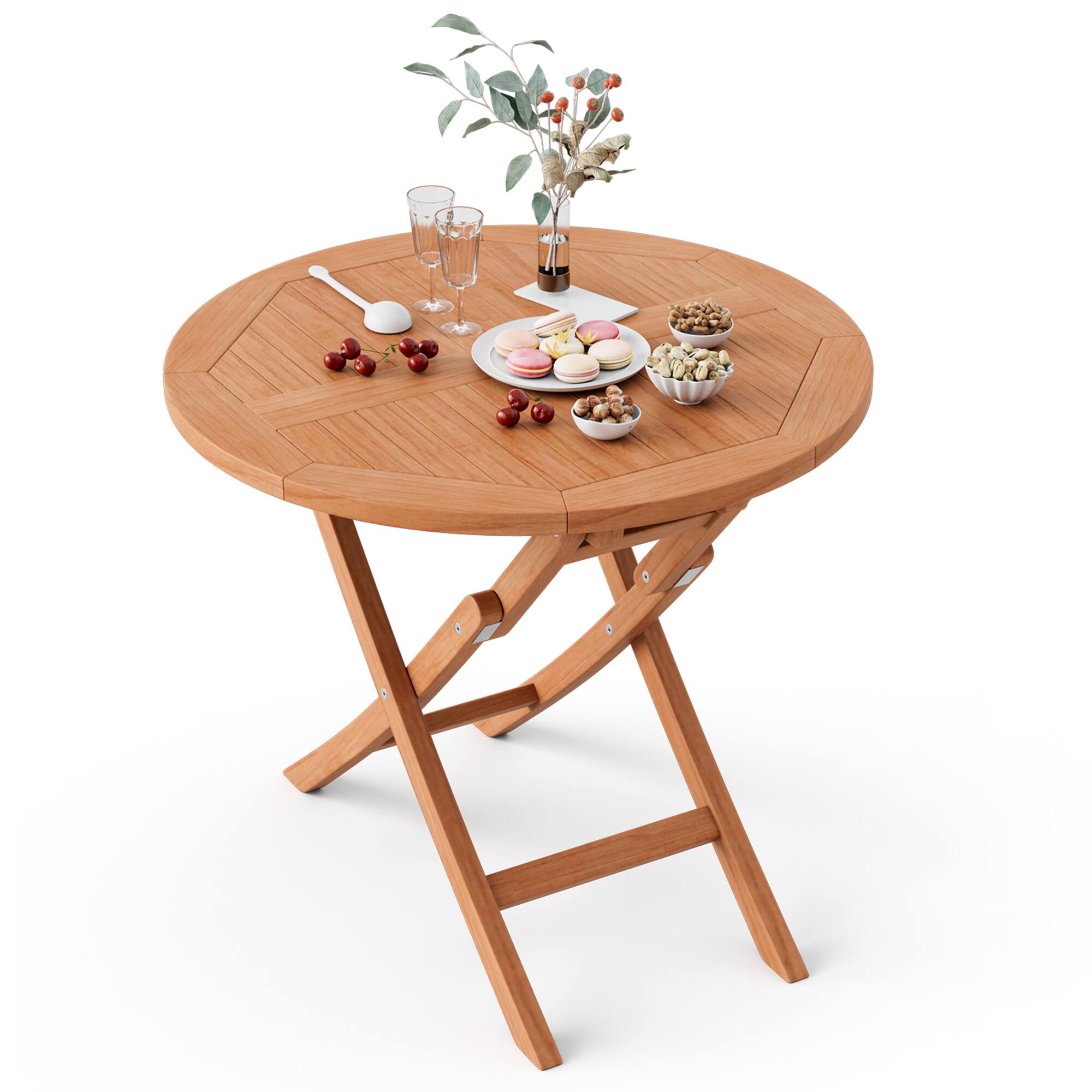 Alt View 5. Gymax - Gymax 31.5-inch Round Outdoor Folding Table Patio Solid Indonesia Teak Dining Table - Natural.