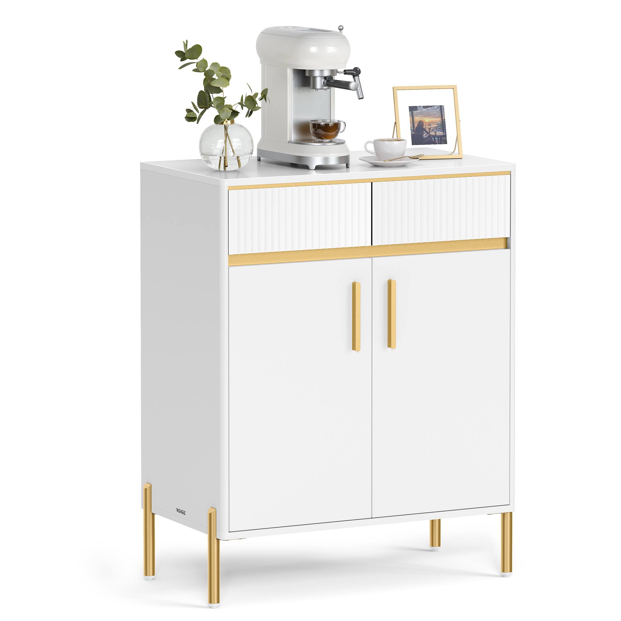 Front. Songmics Home - Buffet Cabinet, Sideboard Storage Cabinet with Drawers, Adjustable Shelf, Fluted Drawer Front, Accent Cabinet - Cloud White.