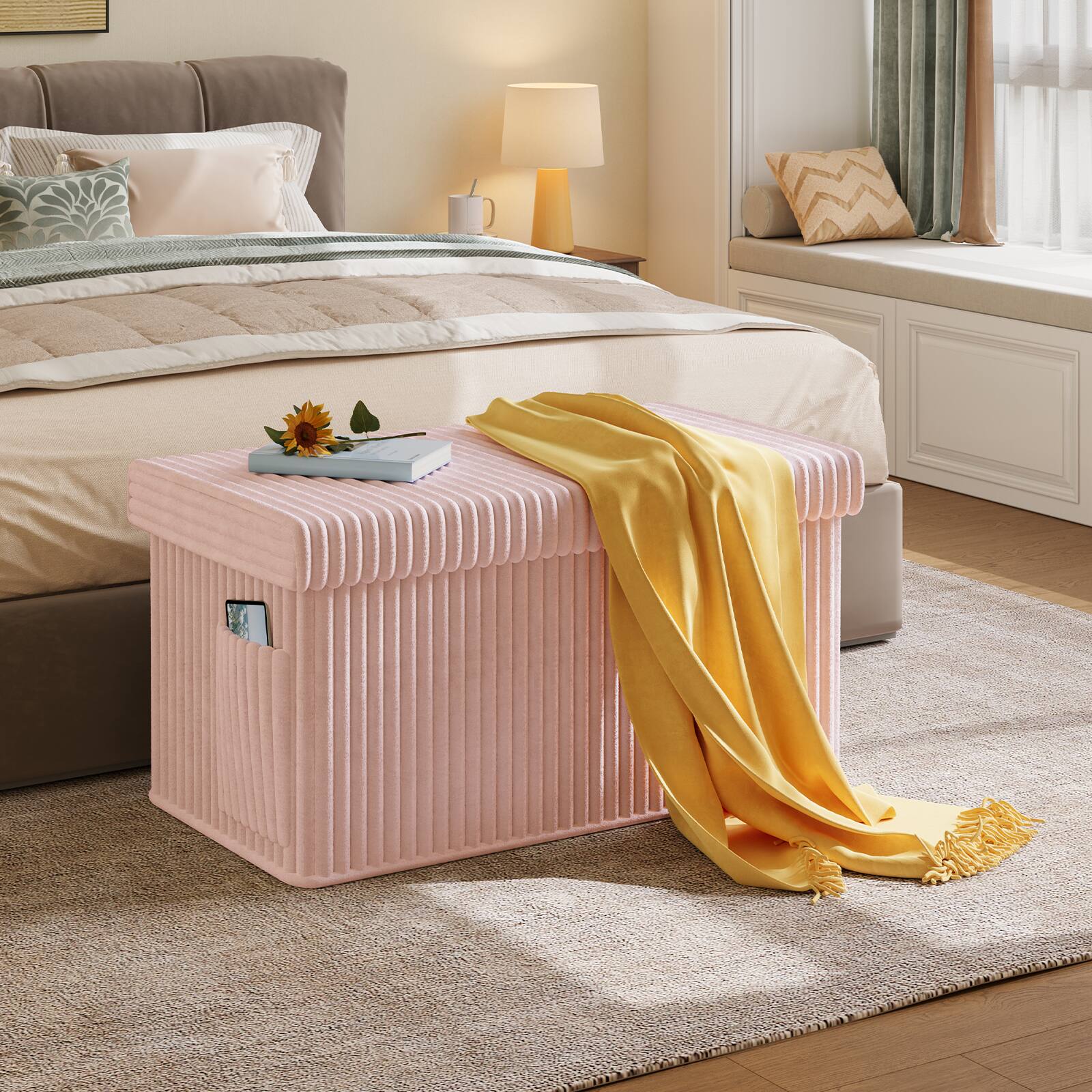 Angle. Pinmoco - Pinmoco- Corduroy Ottoman Plush Foldable Bench with Free Cozy Blanket - Pink.