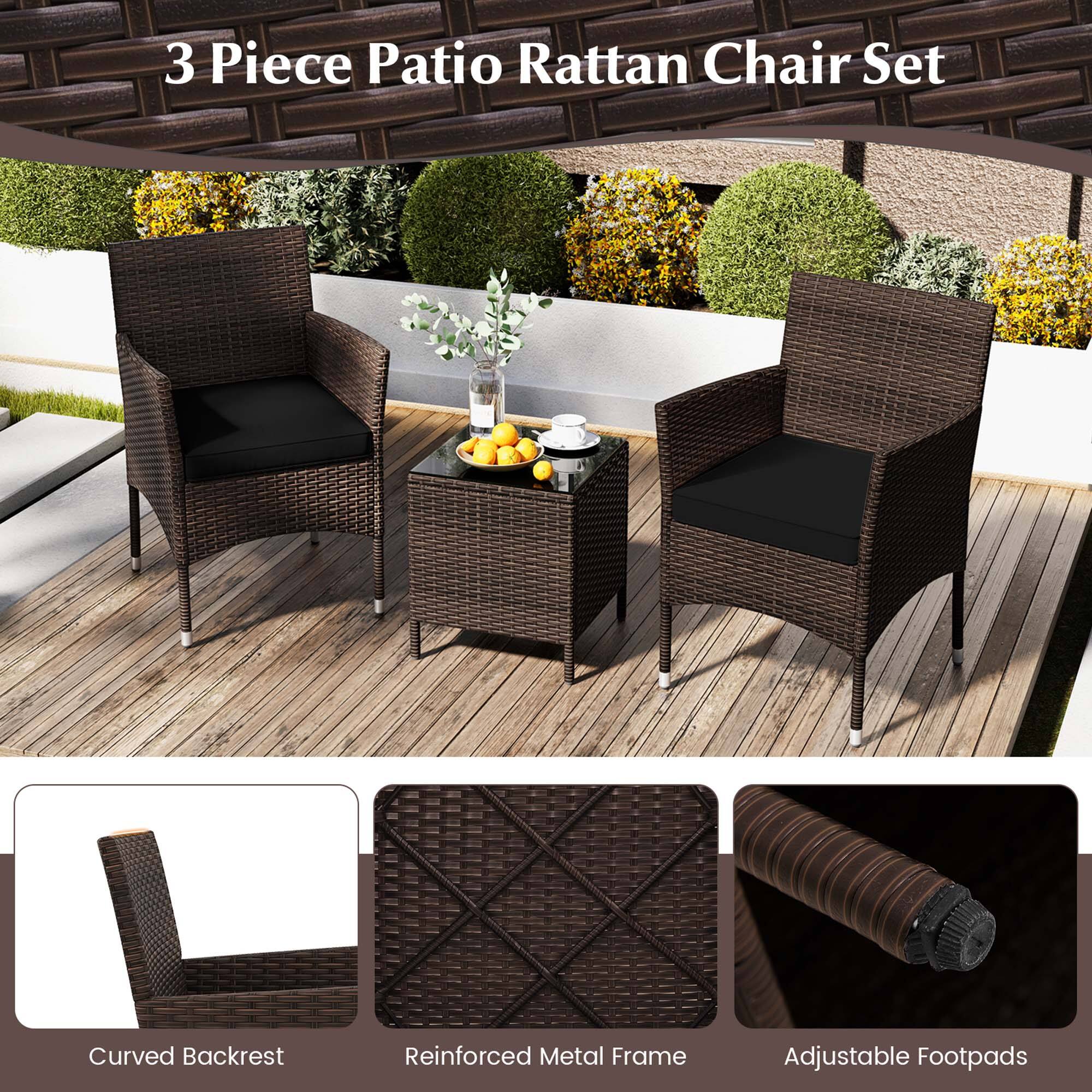 3 Piece Patio Rattan Chair Set Curved Backrest Reinforced Metal Frame Adjustable Footpads