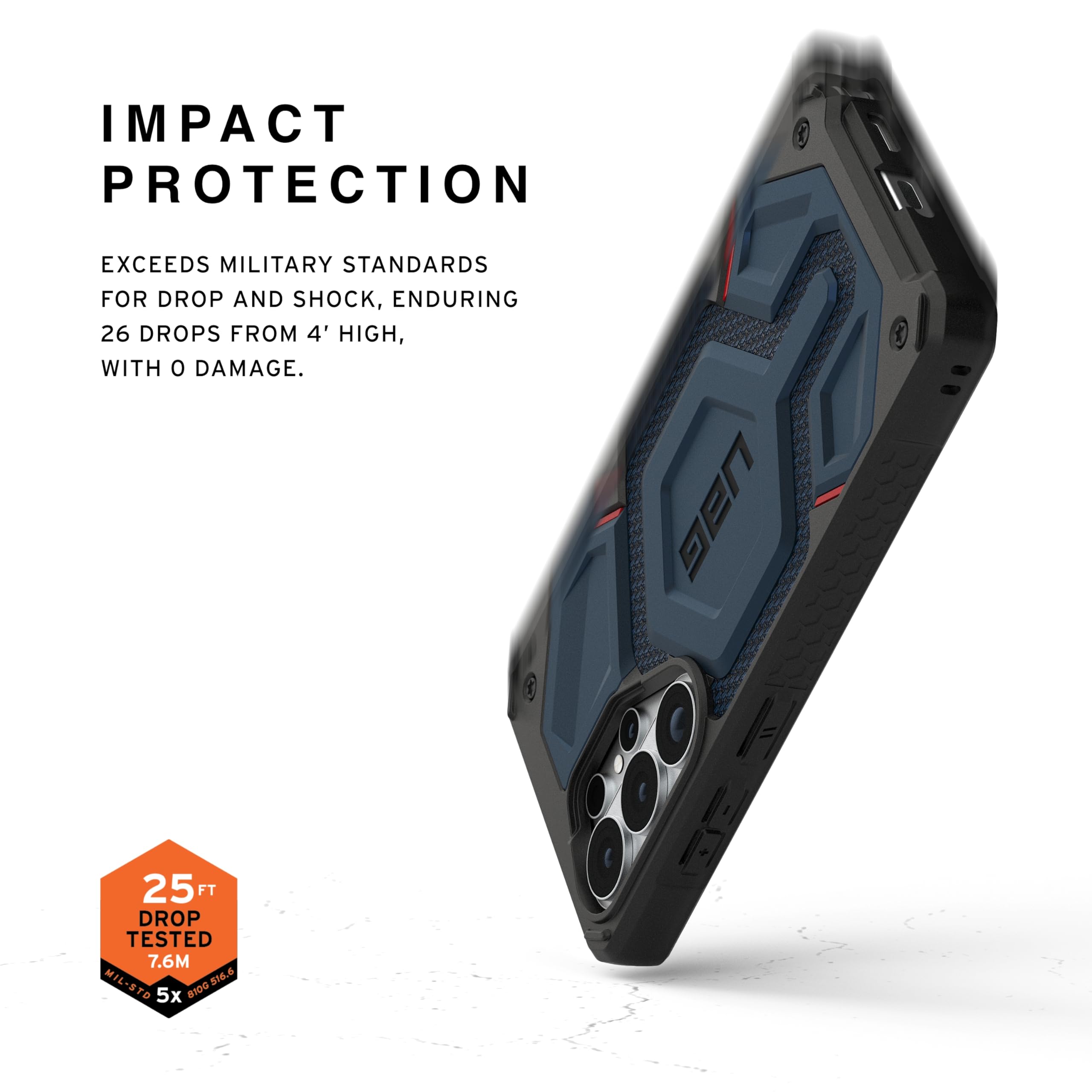 IMPACT PROTECTION

EXCEEDS MILITARY STANDARDS FOR DROP AND SHOCK, ENDURING 26 DROPS FROM 4' HIGH, WITH 0 DAMAGE.

25 FT DROP TESTED 7.6M

MIL-STD 810G 516.6