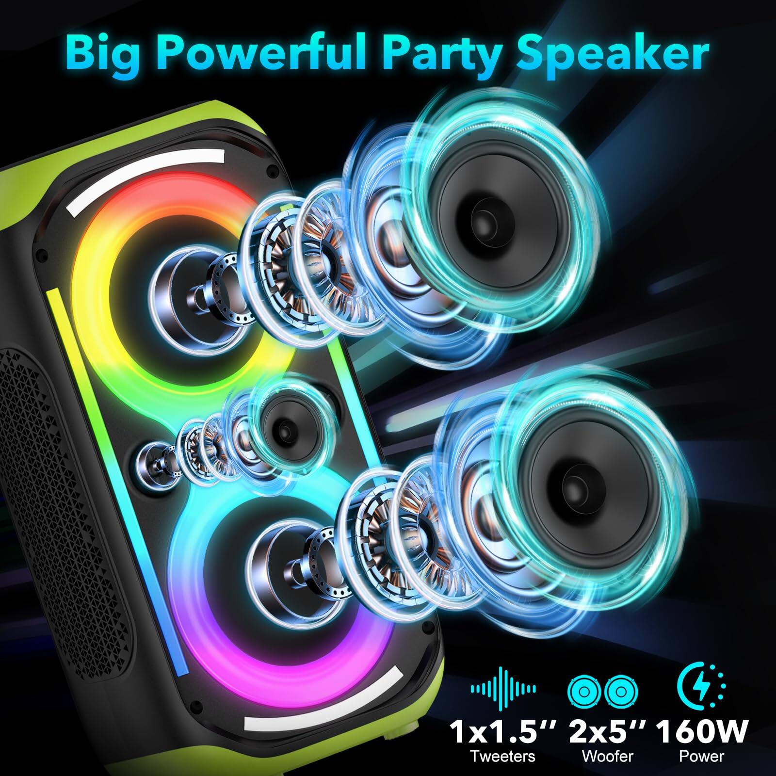 Big Powerful Party Speaker

1x1.5" Tweeters  
2x5" Woofer  
160W Power