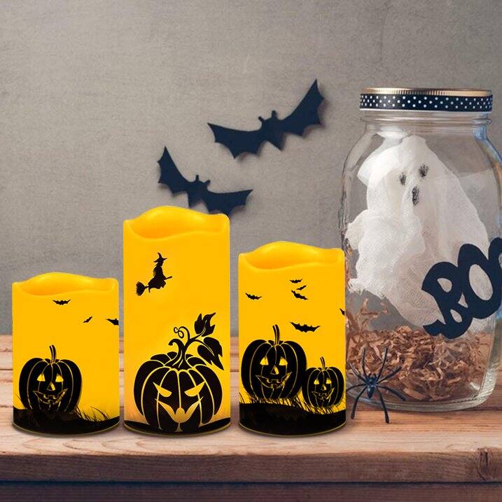 Angle. MOVSSOU - Halloween Flameless Candles Flickering Remote Timer Battery Operated 3 Pumpkin Halloween Decoration - yellow.