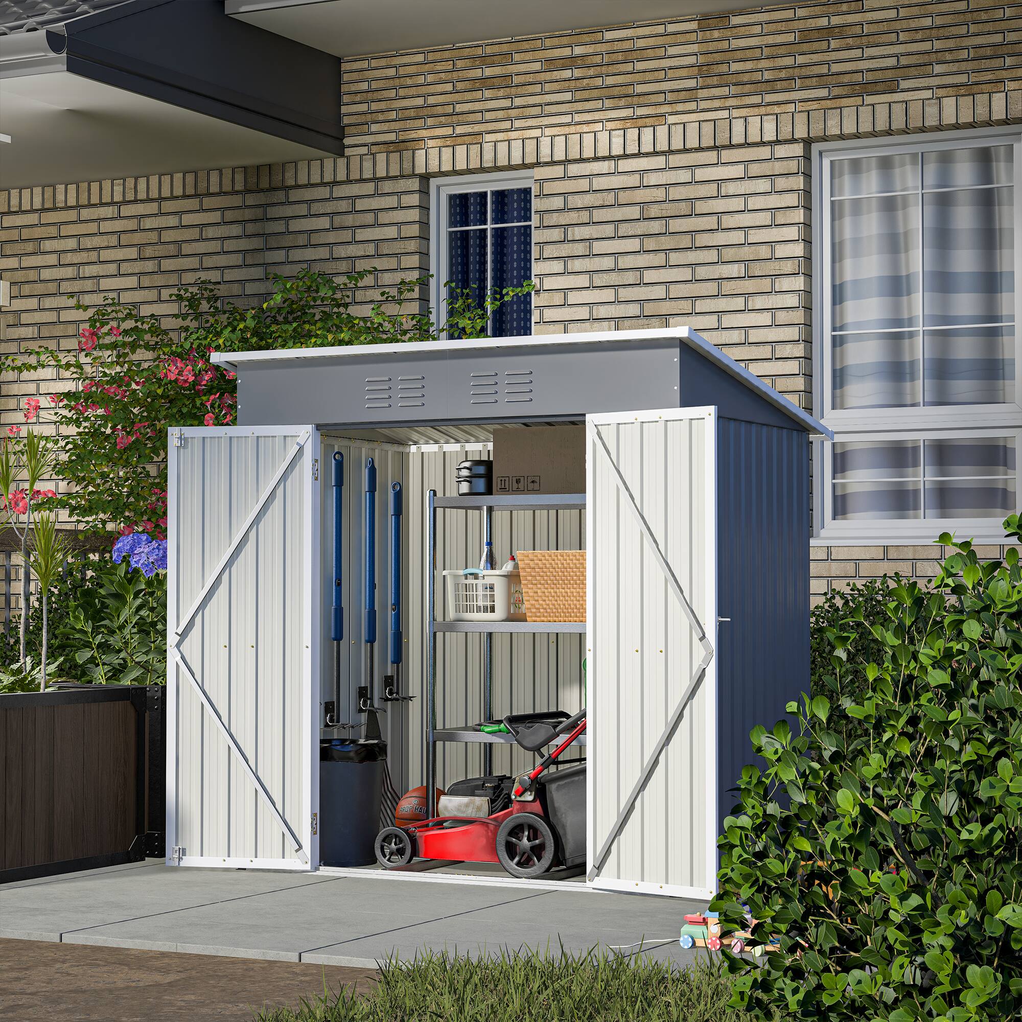Back. Mondawe - 6x4 FT Outdoor Metal Storage Shed With Lockable Door and Floor Frame - Gray.